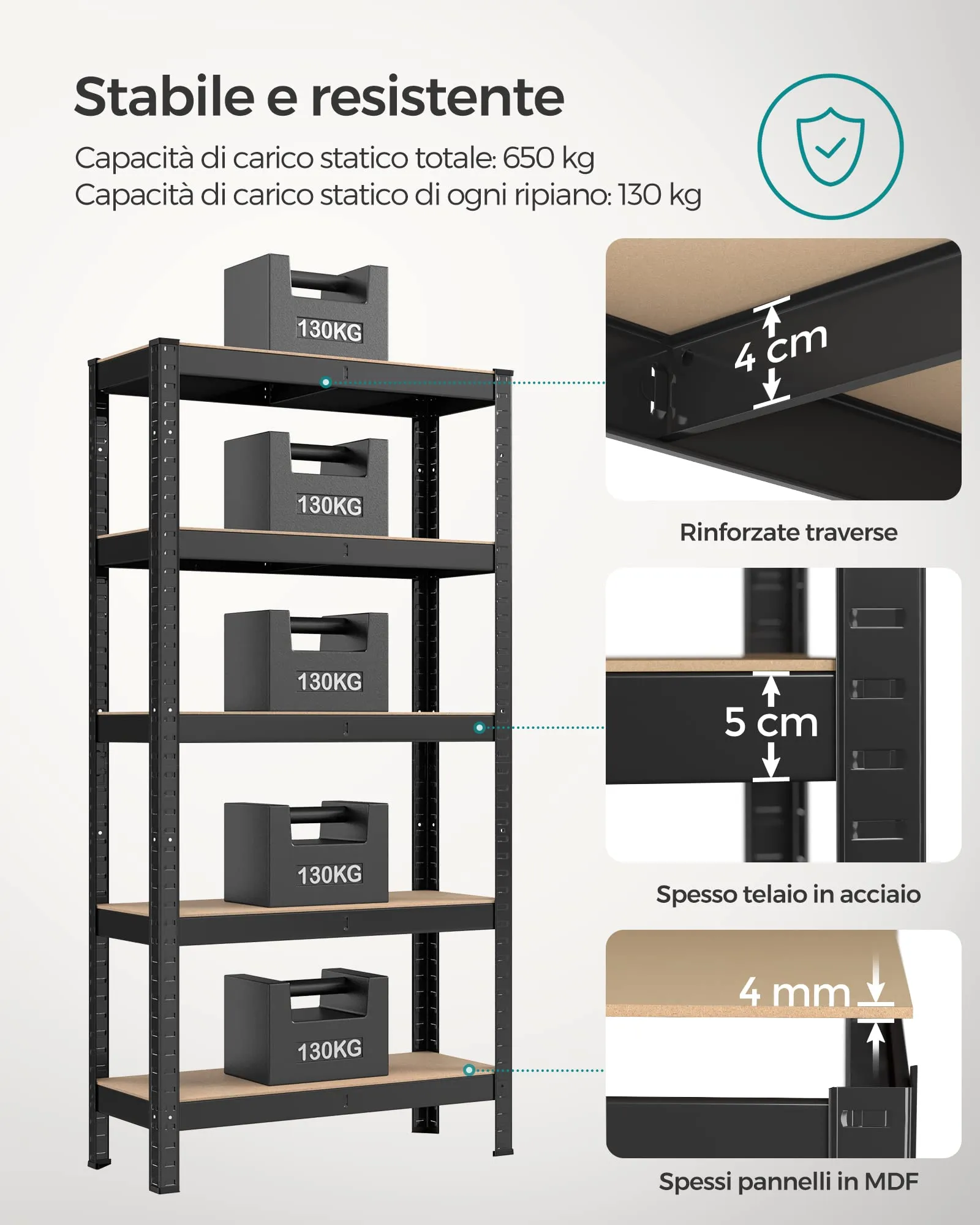 SONGMICS Set di 2 Scaffali in Metallo a 5 Ripiani Regolabili, 30 x 75 x 150 cm, Nero GLR030B22 - immagine 4