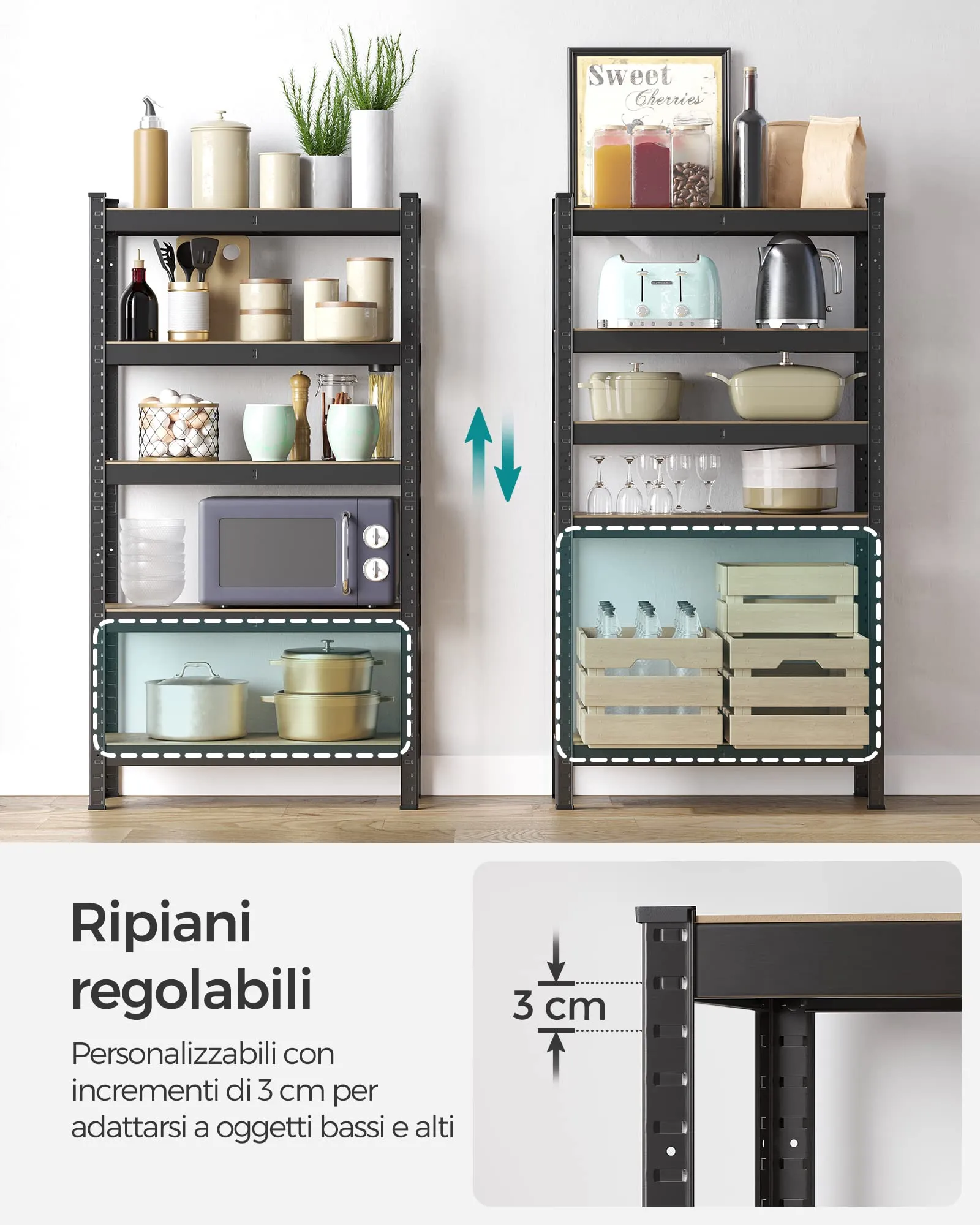 SONGMICS Set di 2 Scaffali in Metallo a 5 Ripiani Regolabili, 30 x 75 x 150 cm, Nero GLR030B22 - immagine 5