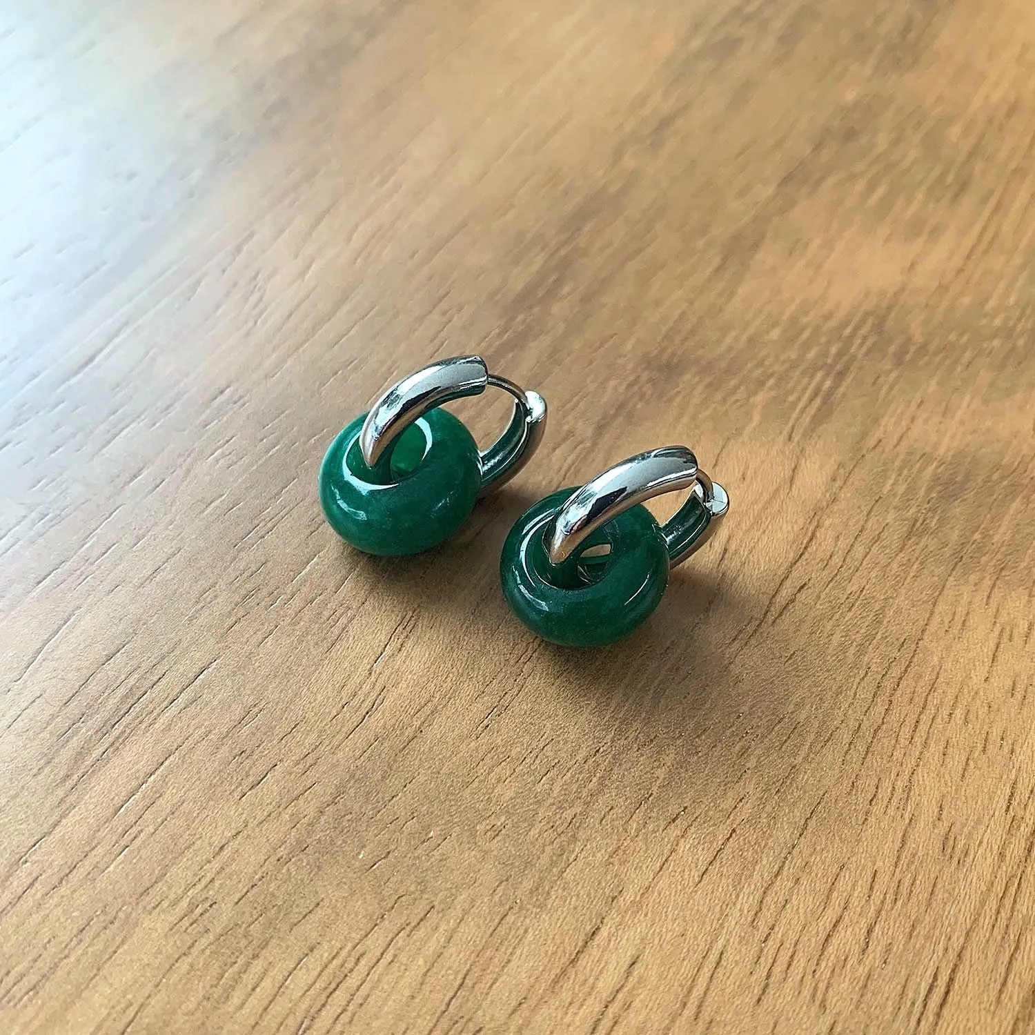 ASTER ALHELÍ Orecchini a Cerchio Donna Placcati Platino con Pietre Naturali, Verde (Argento) - immagine 5