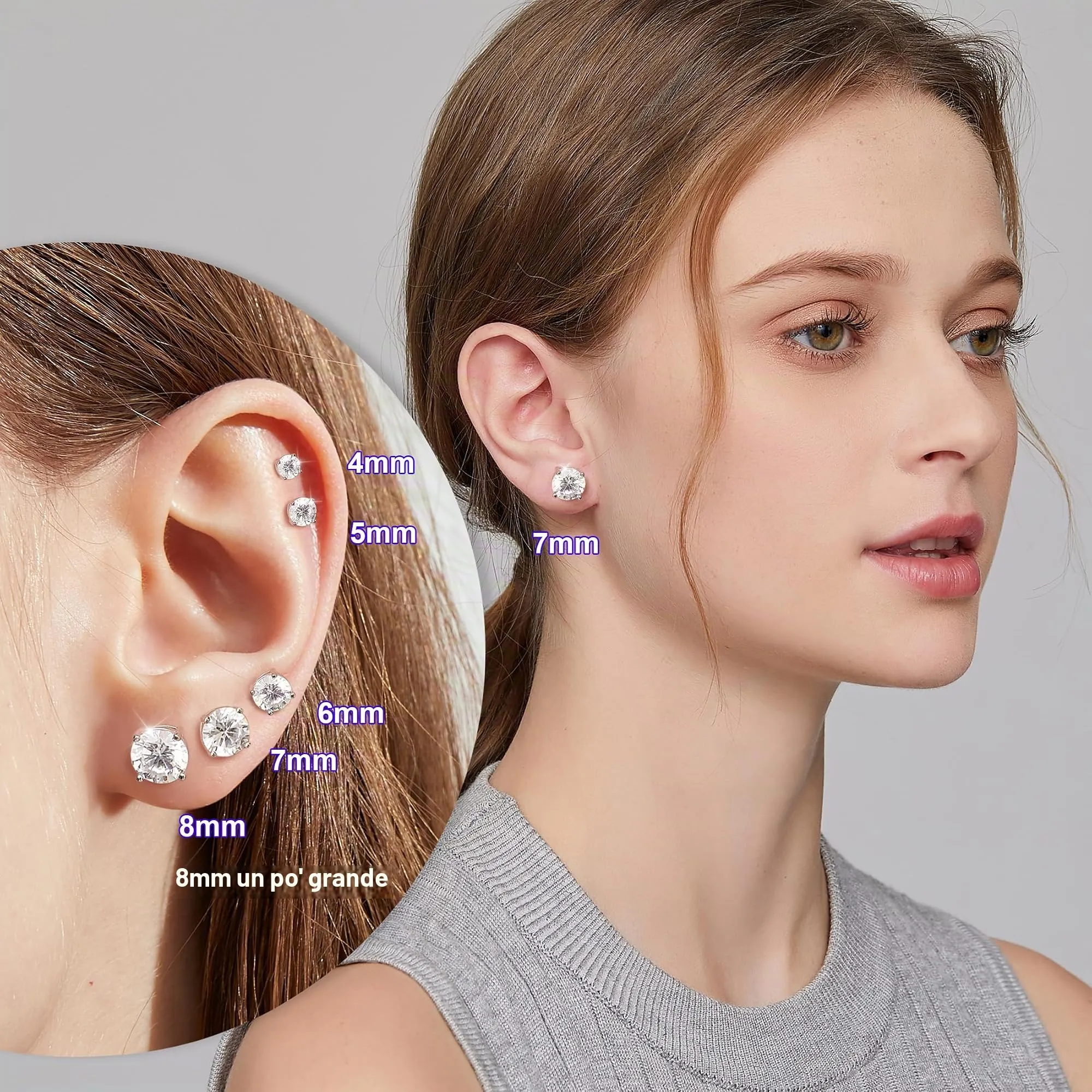 Miaofu Orecchini a Bottone in Argento Sterling 925 Placcato Oro Bianco 18K con Zirconi Cubici, 8mm - immagine 2