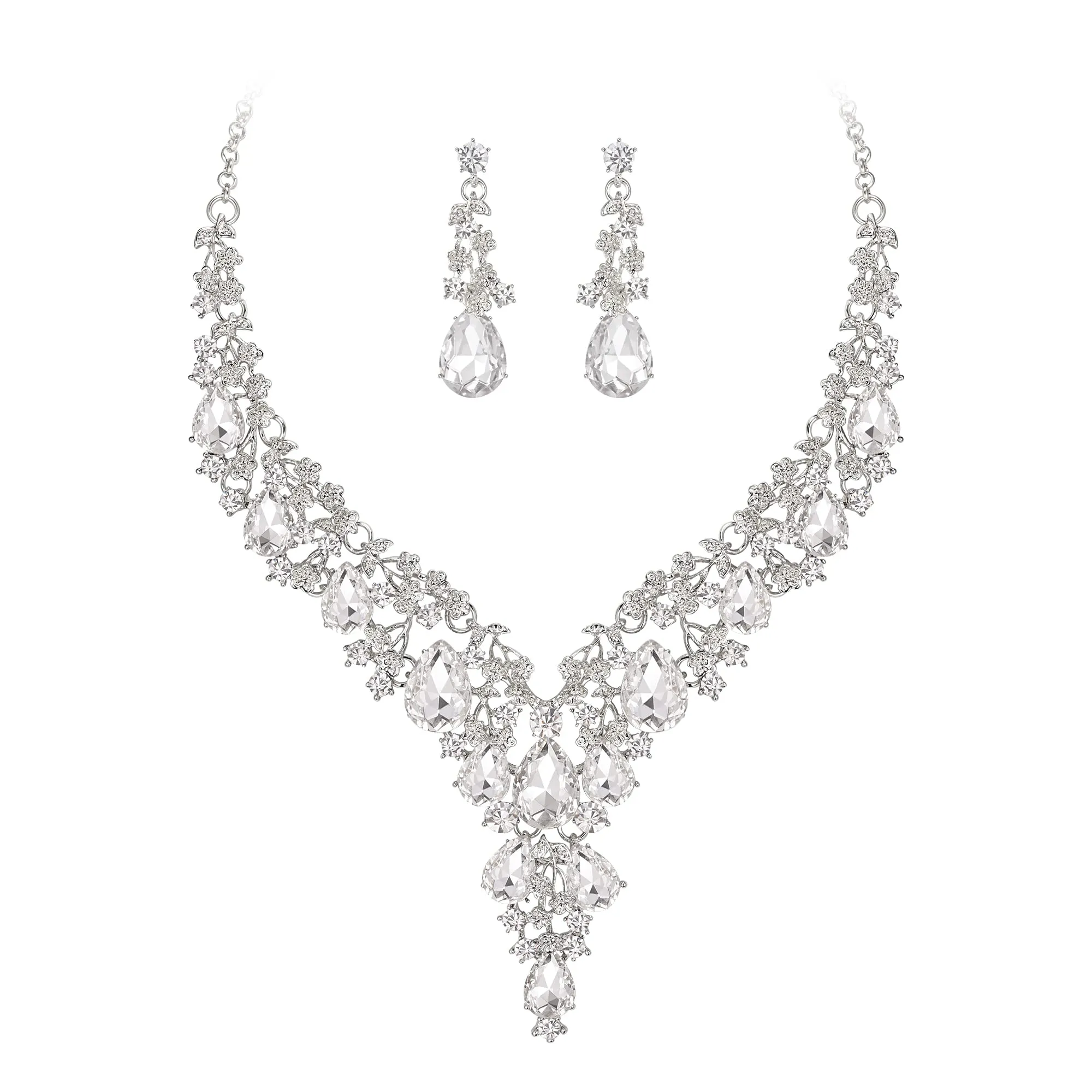 Clearine Wedding Jewelry Set Rhinestone Cluster Necklace and Drop Earrings, Transparent Silver-Tone - immagine 1