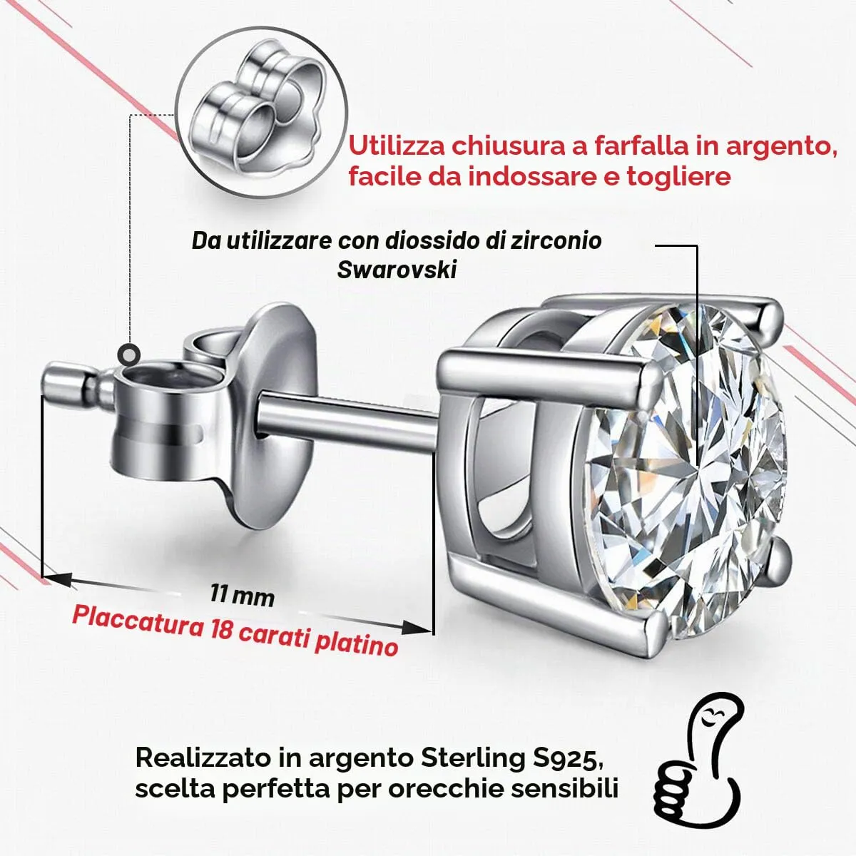 Miaofu Orecchini a Bottone in Argento Sterling 925 Placcati Oro Bianco 18K con Zirconi, 8mm - immagine 4