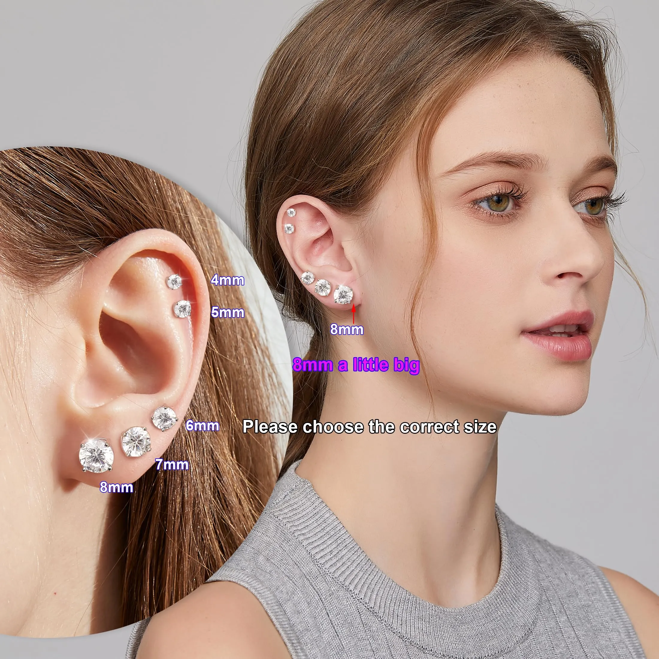 Miaofu Orecchini a Bottone in Argento Sterling 925 Placcati Oro Bianco 18K con Zirconi, 8mm - immagine 5