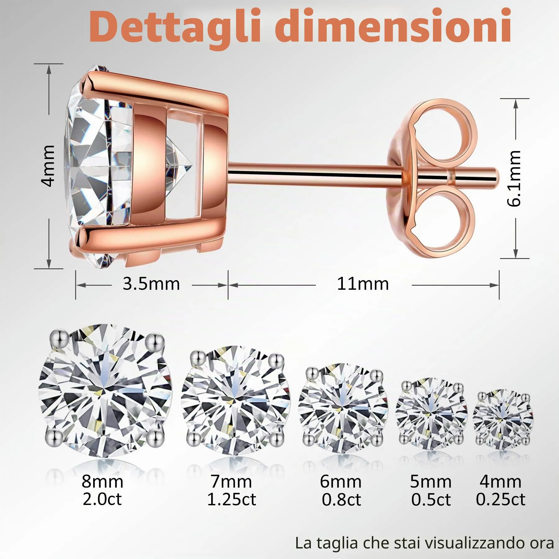 Miaofu Orecchini Punto Luce in Argento 925 Placcato Oro Rosa con Zirconi Bianchi 4mm - immagine 4