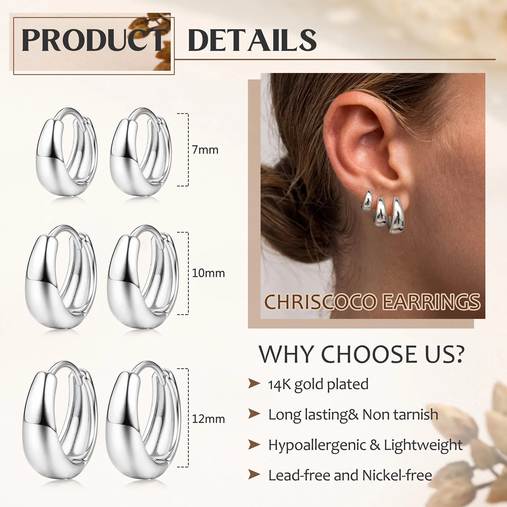 Chriscoco Orecchini a Cerchio Donna Set Oro e Argento Ipoallergenici 7 mm - immagine 5