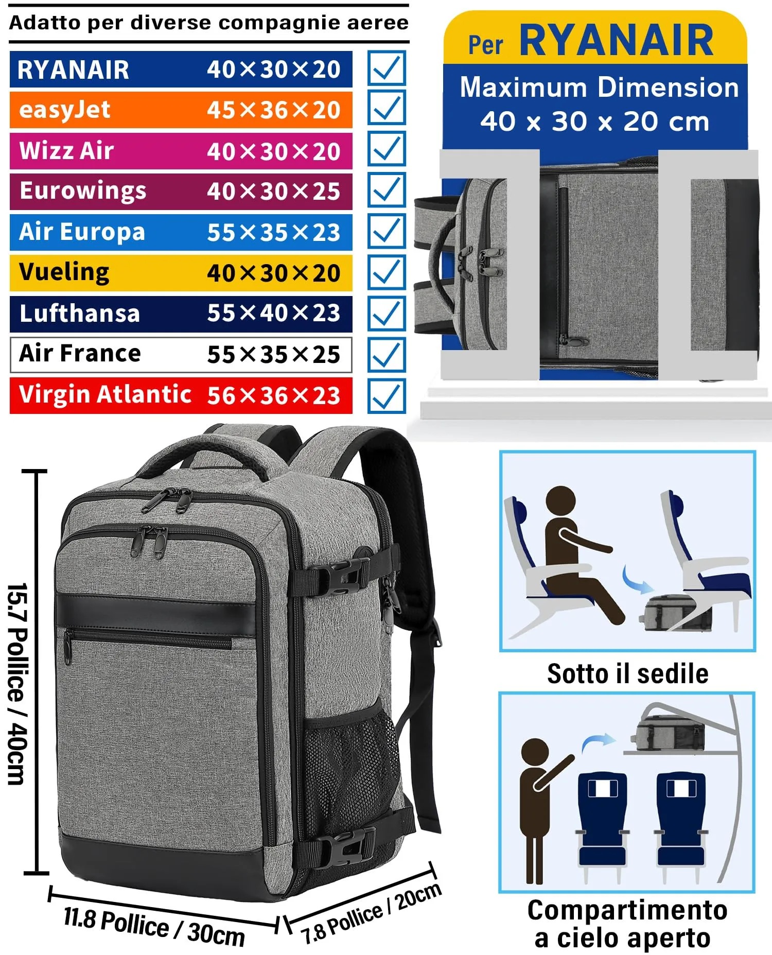 KLOSTAIN Zaino Bagaglio a Mano 40x30x20cm 24L per Ryanair EasyJet Wizz Air Eurowings, Porta Computer 15,6 Pollici, Grigio - immagine 2