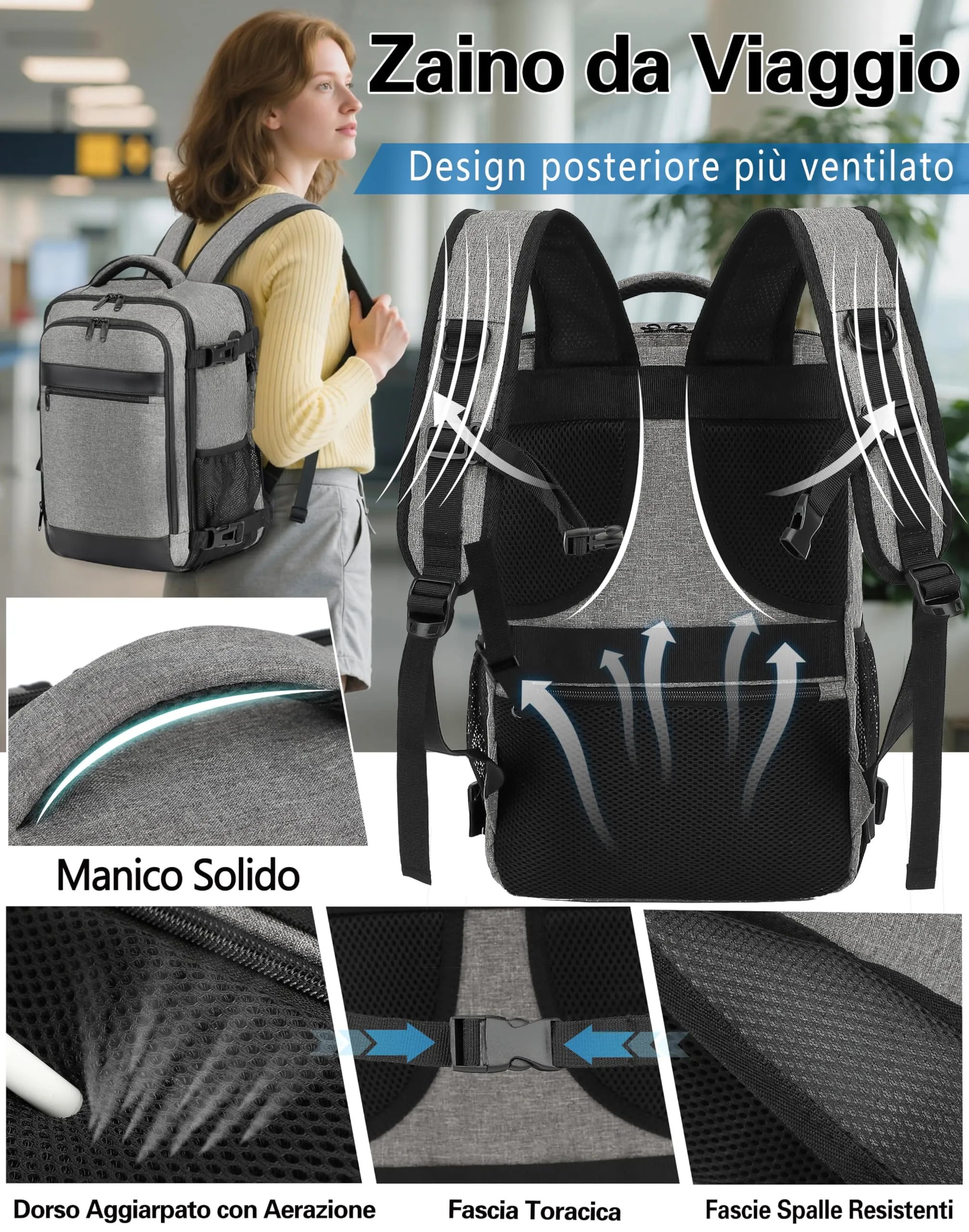 KLOSTAIN Zaino Bagaglio a Mano 40x30x20cm 24L per Ryanair EasyJet Wizz Air Eurowings, Porta Computer 15,6 Pollici, Grigio - immagine 5
