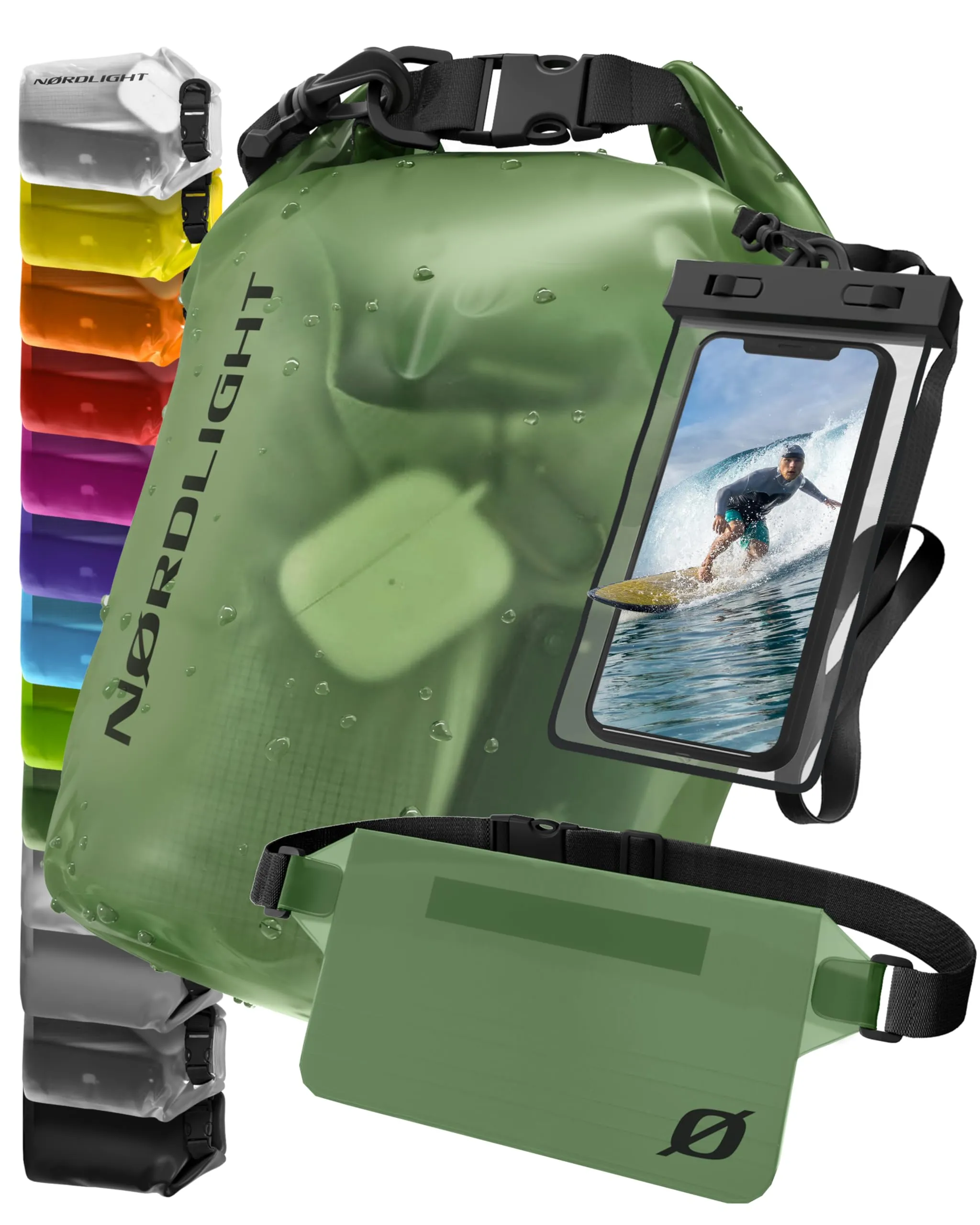Nordlight Dry Bag Set con Custodia per Cellulare e Marsupio (10L, Verde Scuro) - immagine 1