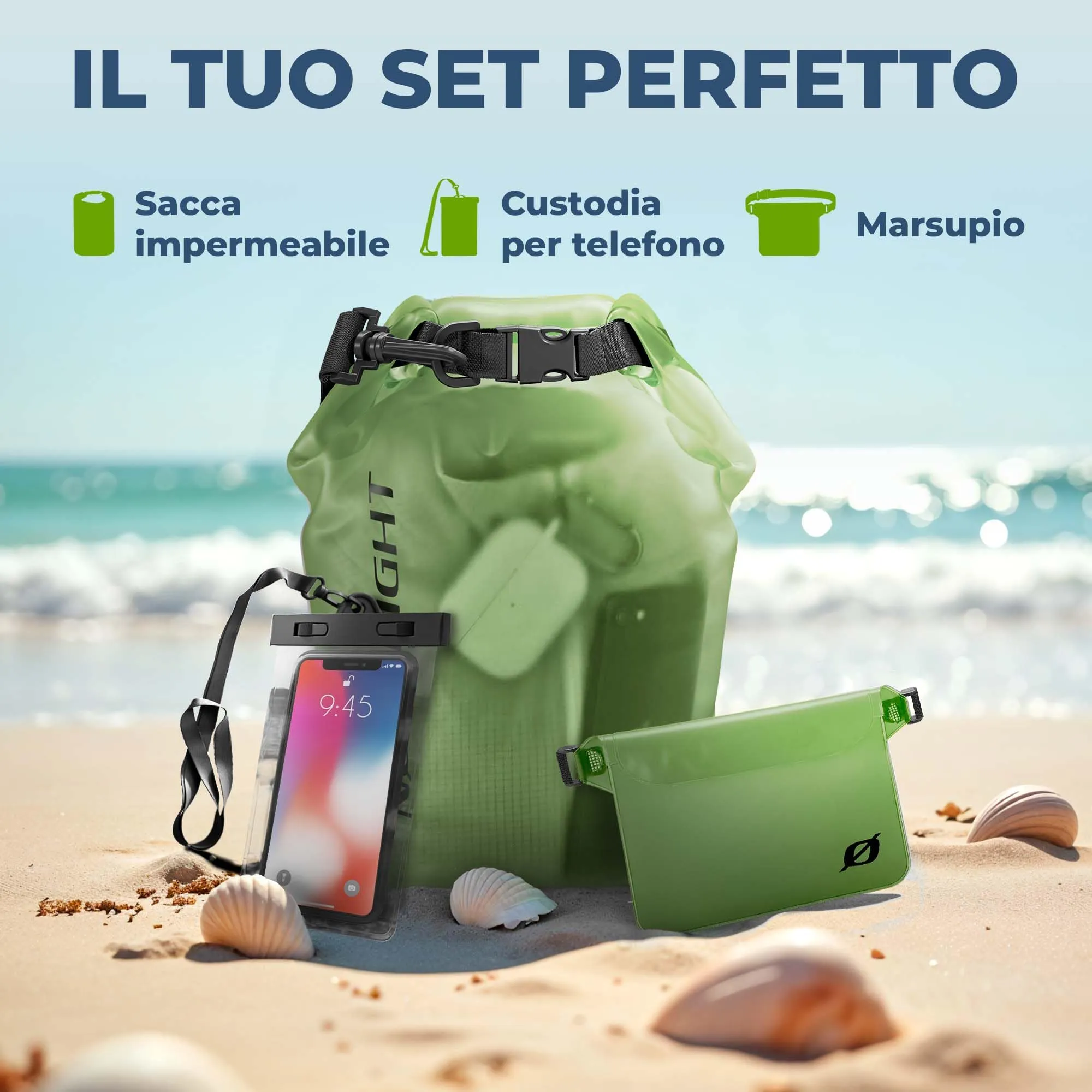Nordlight Dry Bag Set con Custodia per Cellulare e Marsupio (10L, Verde Scuro) - immagine 2