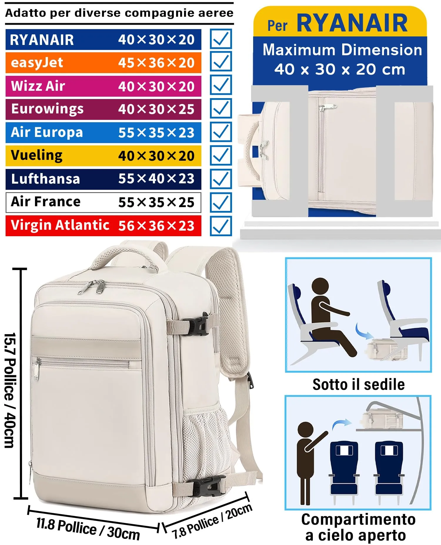 KLOSTAIN Zaino Ryanair 40x30x20 Bagaglio a Mano Cabina 24L per Computer 15,6 Pollici, Beige - immagine 2