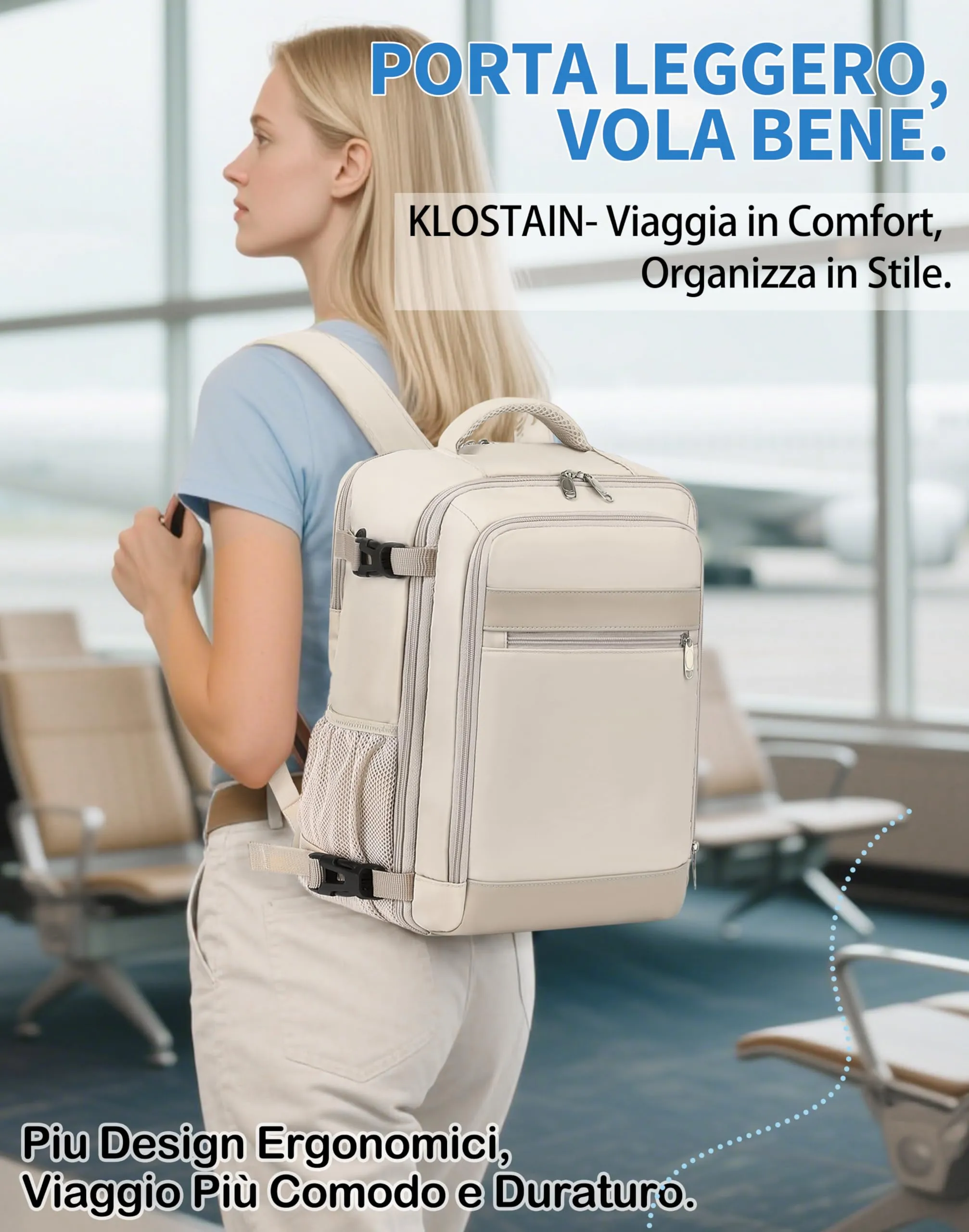 KLOSTAIN Zaino Ryanair 40x30x20 Bagaglio a Mano Cabina 24L per Computer 15,6 Pollici, Beige - immagine 6