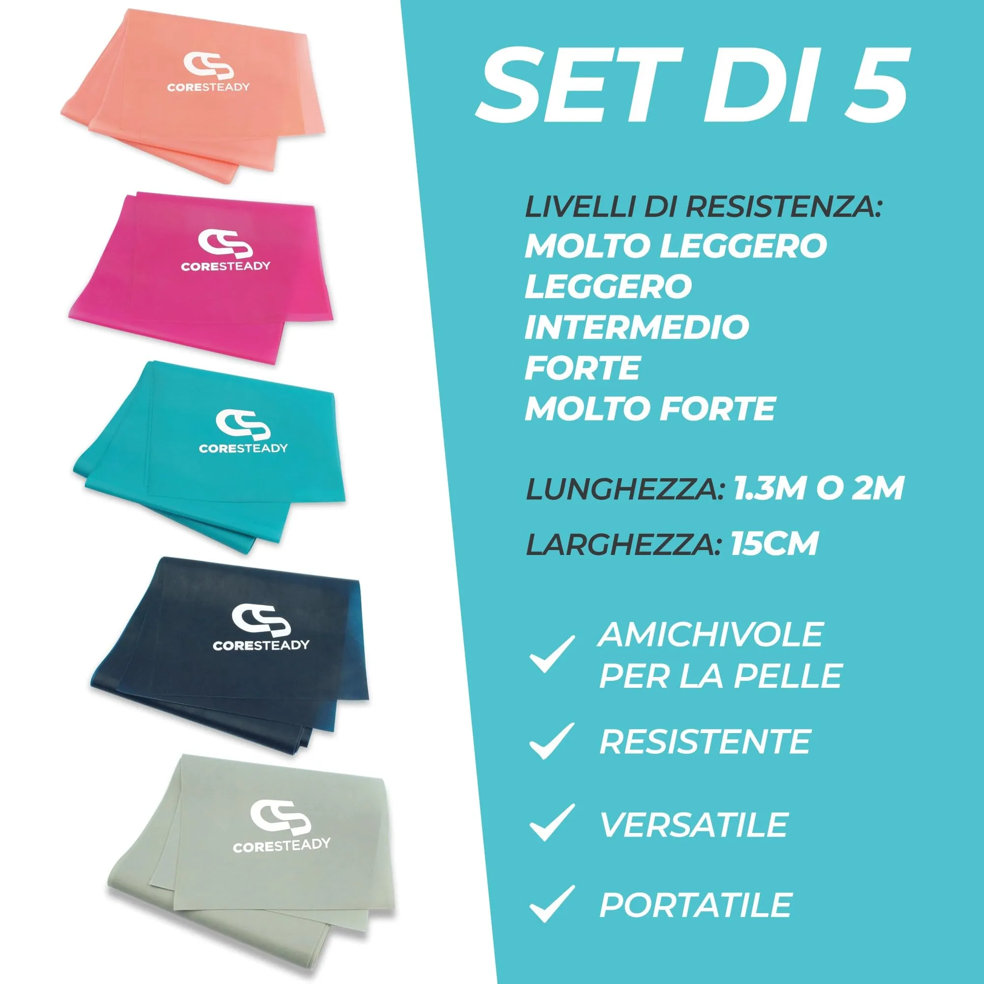 Coresteady Elastici Fitness - Set di 5 Livelli di Resistenza, 2 Metri - immagine 2