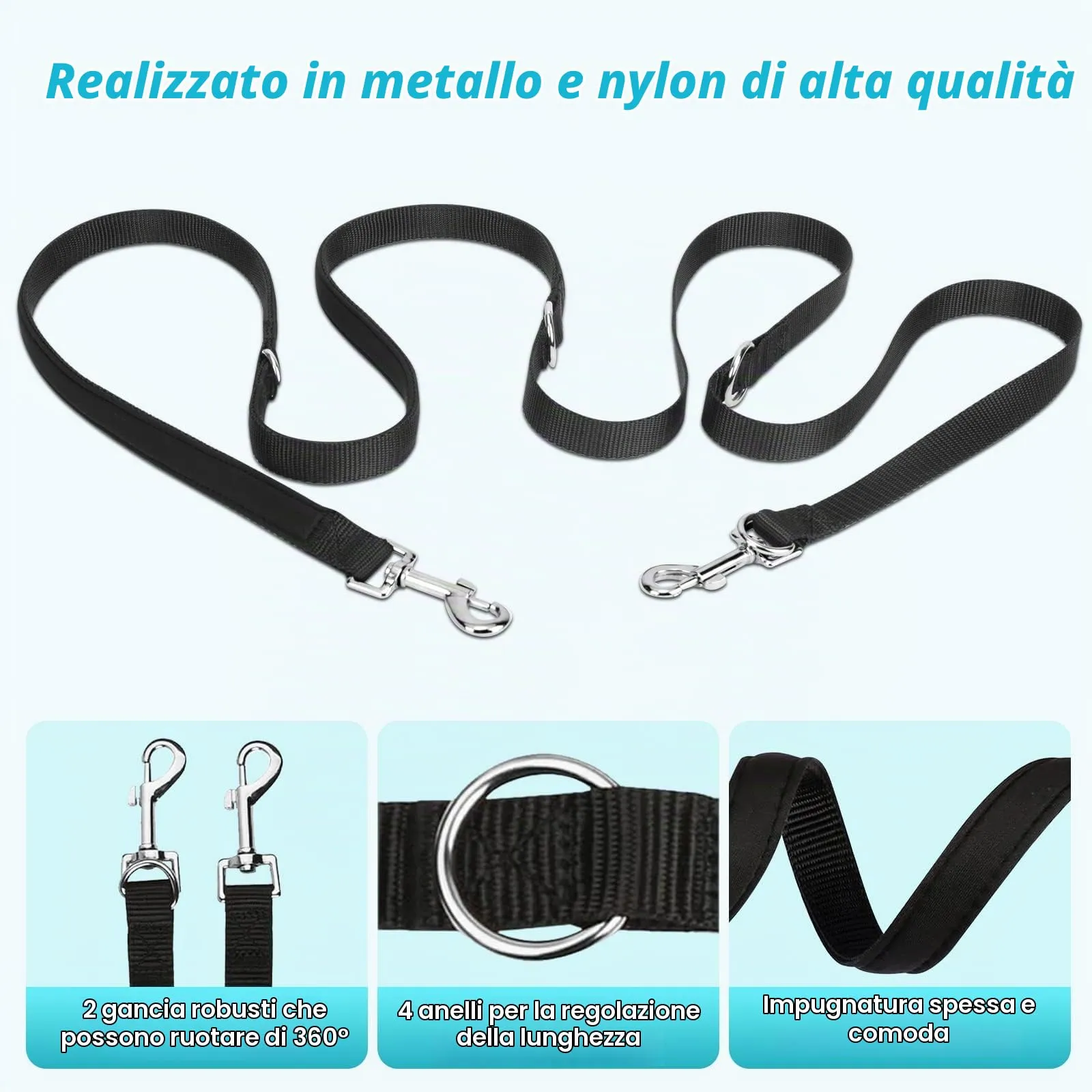oneisall Guinzaglio Doppi per Cani, 2.5 Metri, Regolabile in Nylon per Taglia Piccola Media e Grande - immagine 4