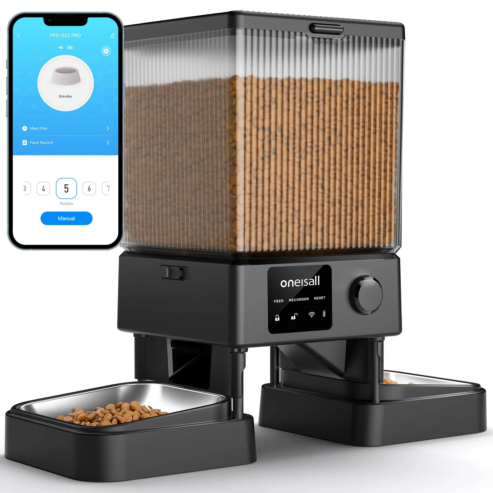 oneisall Distributore Automatico di Cibo per Gatti e Cani 5L, 2 Ciotole, WiFi 5G/2.4G, Controllo App PFD002 Pro - immagine 1