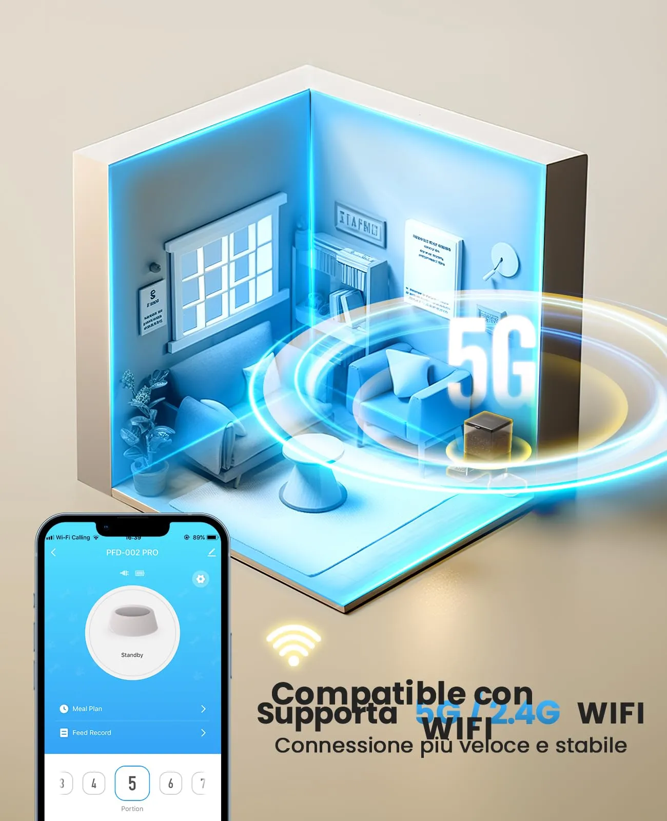oneisall Distributore Automatico di Cibo per Gatti e Cani 5L, 2 Ciotole, WiFi 5G/2.4G, Controllo App PFD002 Pro - immagine 2