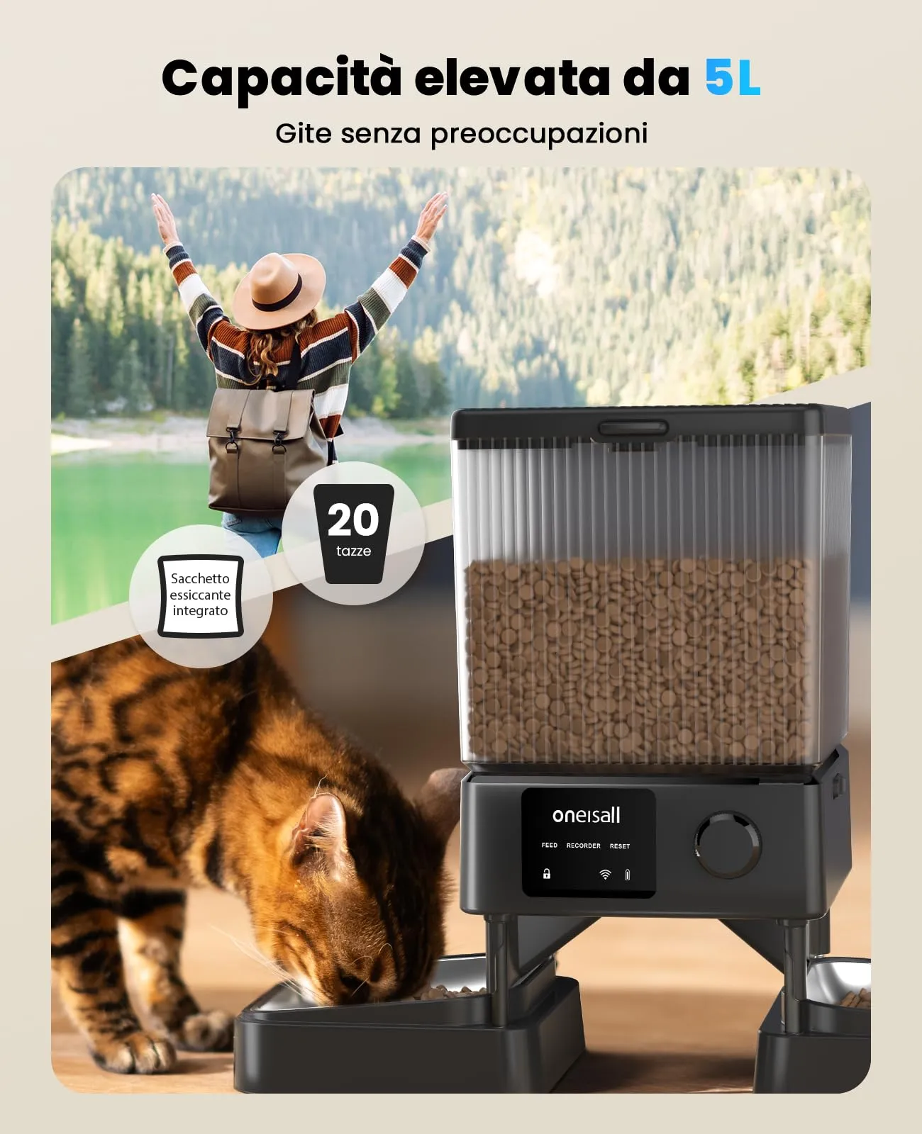 oneisall Distributore Automatico di Cibo per Gatti e Cani 5L, 2 Ciotole, WiFi 5G/2.4G, Controllo App PFD002 Pro - immagine 8