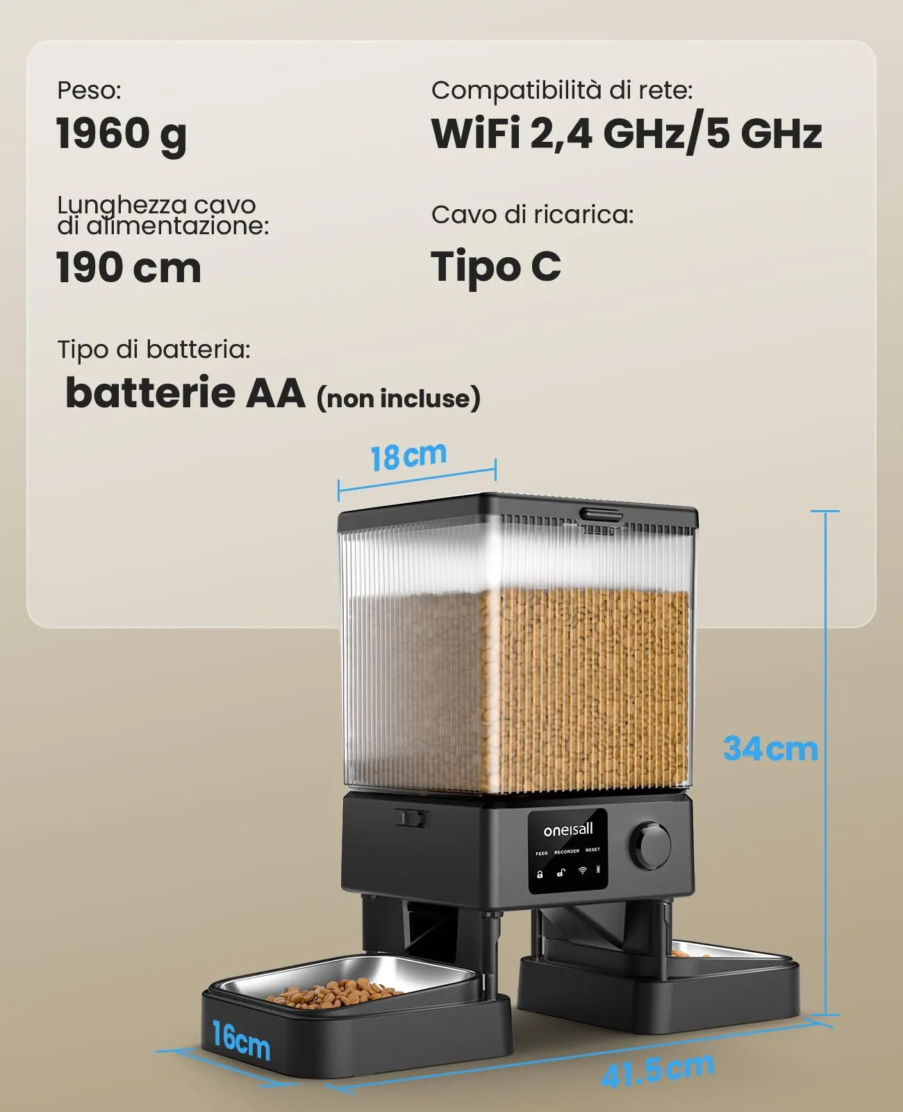oneisall Distributore Automatico di Cibo per Gatti e Cani 5L, 2 Ciotole, WiFi 5G/2.4G, Controllo App PFD002 Pro - immagine 9