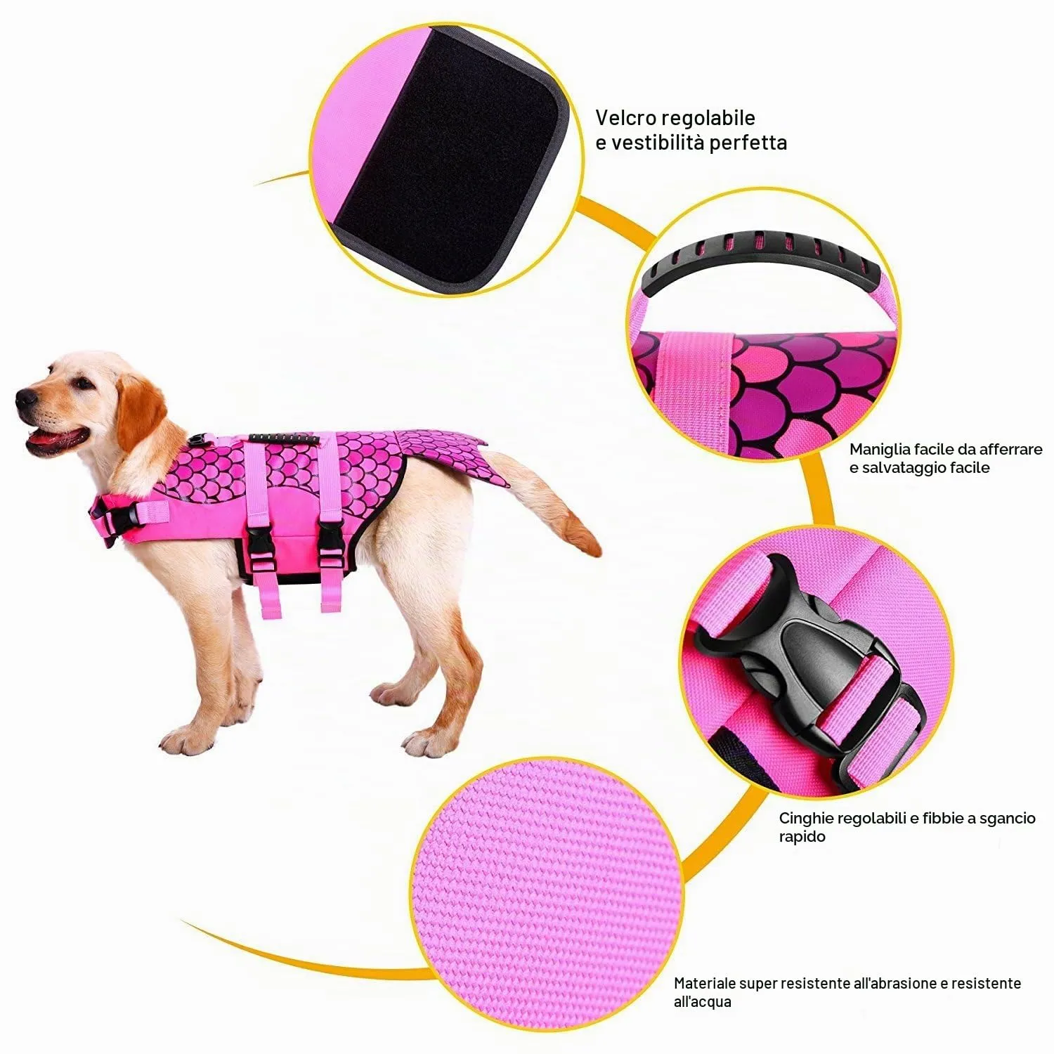 CITÉTOILE Giubbotto di Salvataggio per Cani a forma di sirena con Manico, Rosa, XXL - immagine 2