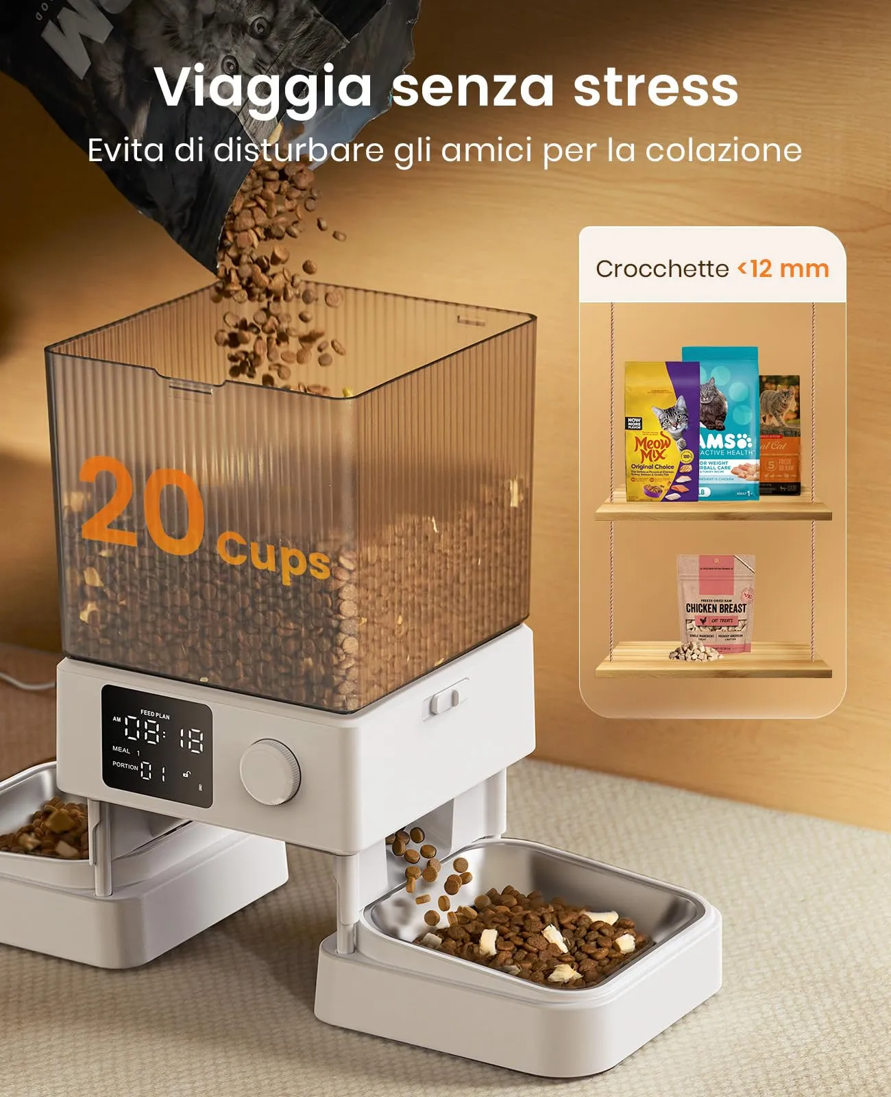 oneisall Distributore automatico di cibo per gatti 5L con 2 ciotole, Bianco - immagine 4
