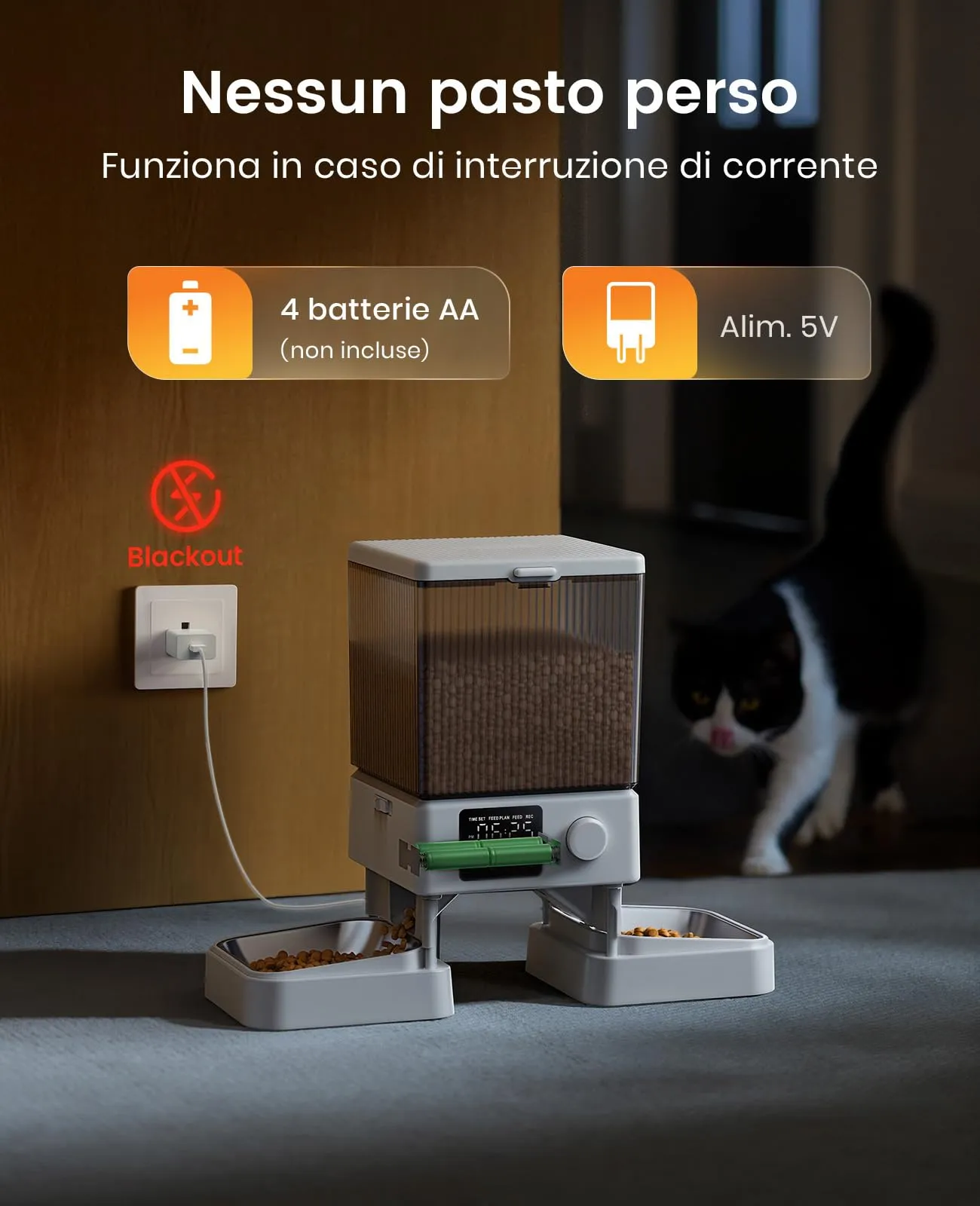 oneisall Distributore automatico di cibo per gatti 5L con 2 ciotole, Bianco - immagine 6