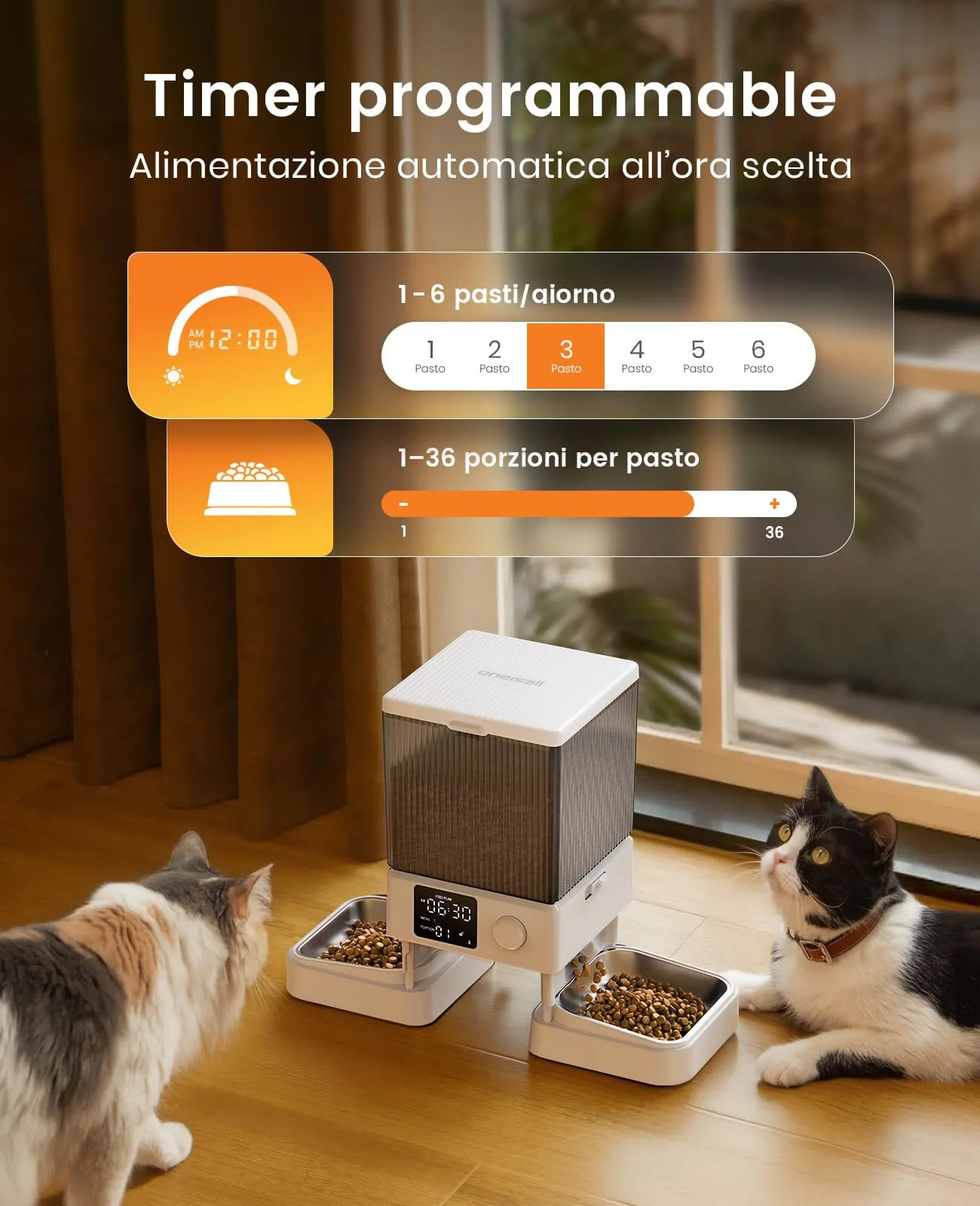 oneisall Distributore automatico di cibo per gatti 5L con 2 ciotole, Bianco - immagine 7