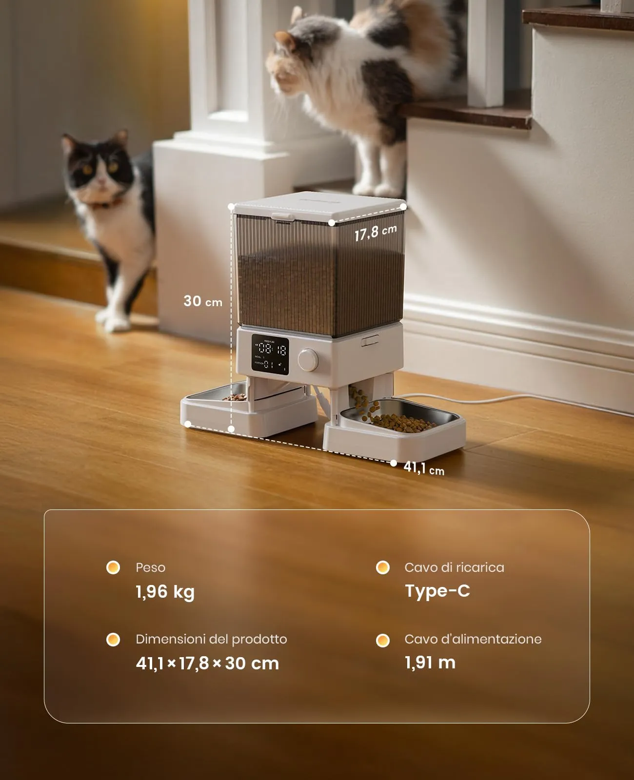 oneisall Distributore automatico di cibo per gatti 5L con 2 ciotole, Bianco - immagine 9