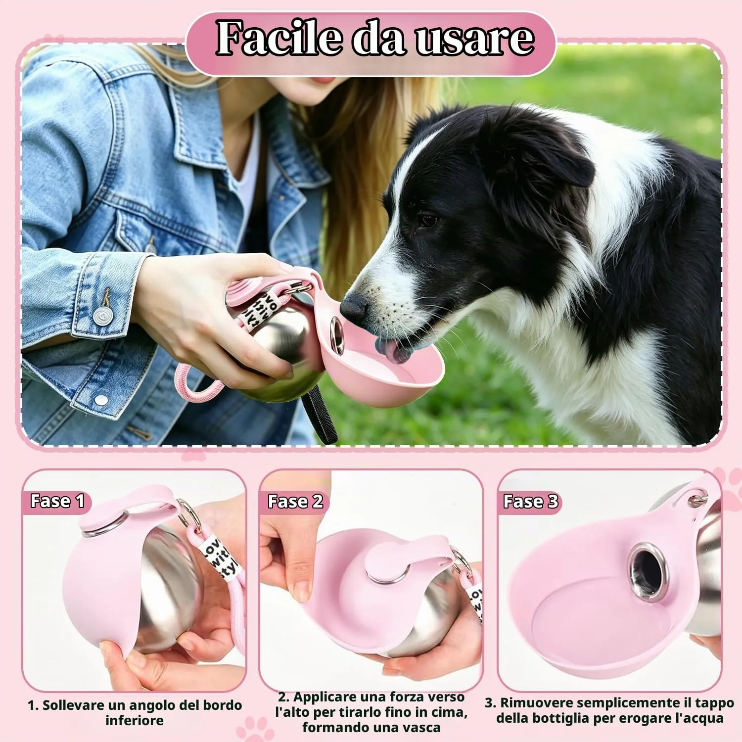 HBSFBH Borraccia Portatile per Cani in Acciaio Inossidabile con Ciotola in Silicone (M1) - immagine 4