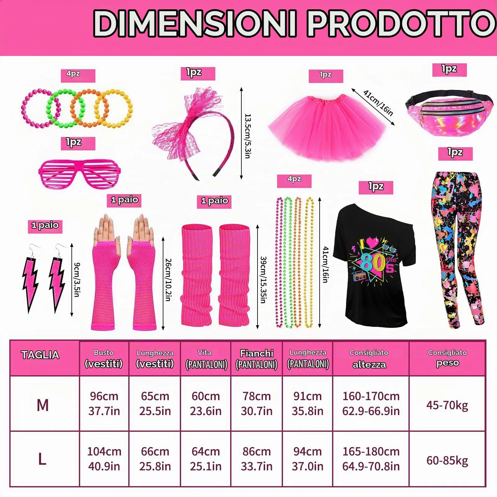DAZZTIME Costume Anni 80 e 90 Donna, Set Accessori Abbigliamento Discoteche con T-shirt e Marsupio per Carnevale e Halloween - immagine 2