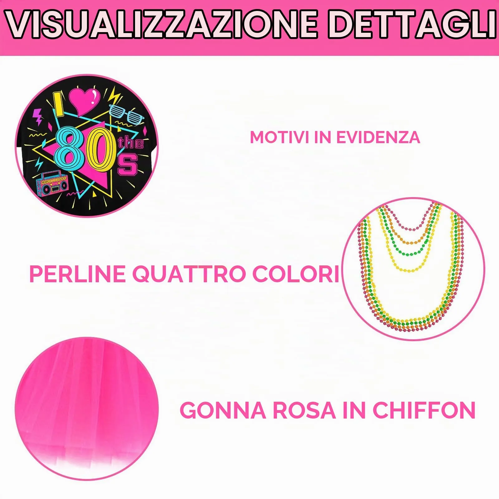 DAZZTIME Costume Anni 80 e 90 Donna, Set Accessori Abbigliamento Discoteche con T-shirt e Marsupio per Carnevale e Halloween - immagine 4