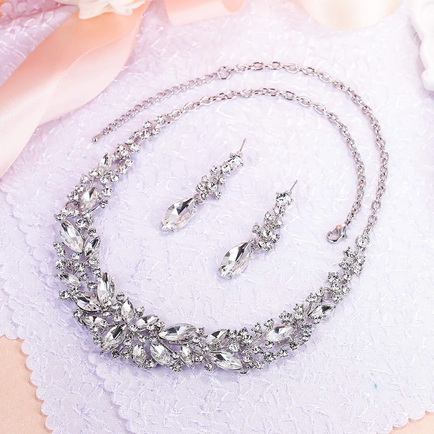 Clearine Set Collana e Orecchini Matrimonio in Cristallo Austriaco Marquise Trasparente Argento-fondo - immagine 3