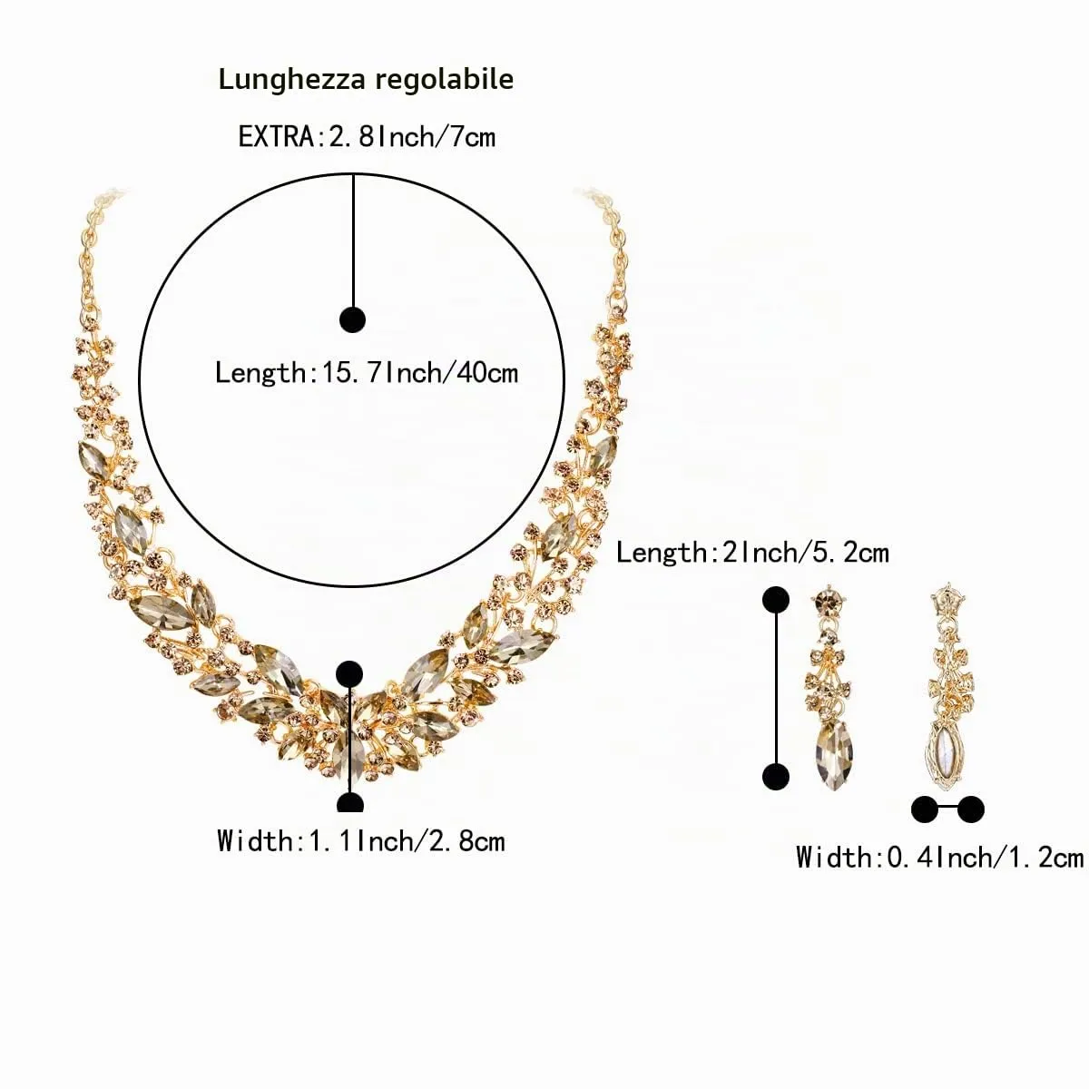 Clearine Set Collana e Orecchini Sposa in Cristallo Austriaco Marquise Champagne Oro-fondo - immagine 4