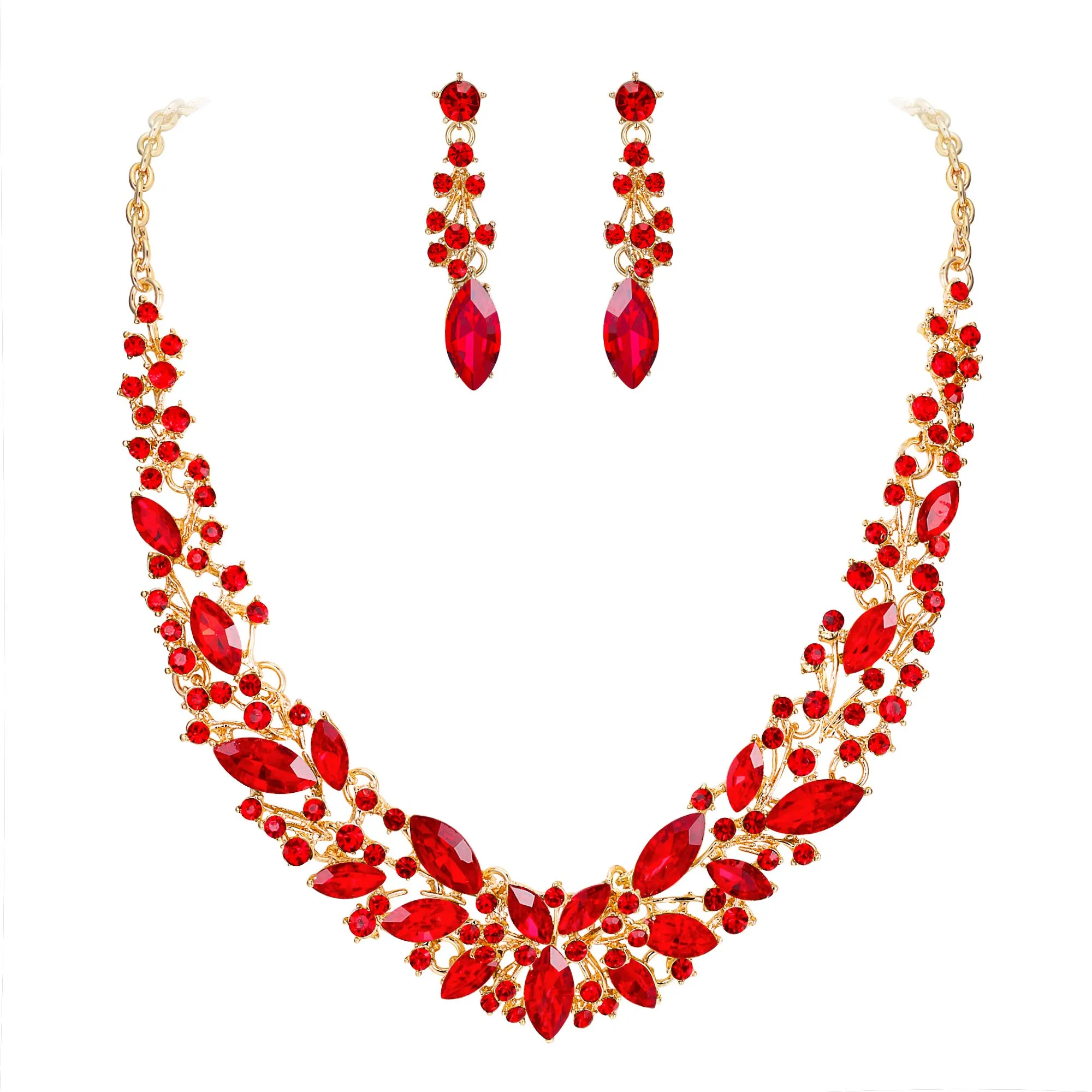 Clearine Set Collana e Orecchini in Cristallo Austriaco Marquise, Colore Rubino Oro-Fondo - immagine 1