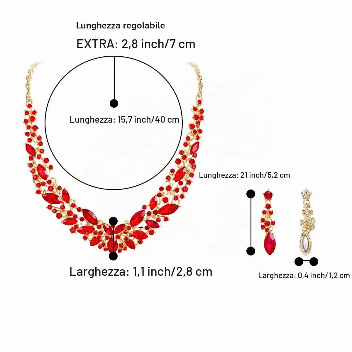 Clearine Set Collana e Orecchini in Cristallo Austriaco Marquise, Colore Rubino Oro-Fondo - immagine 4