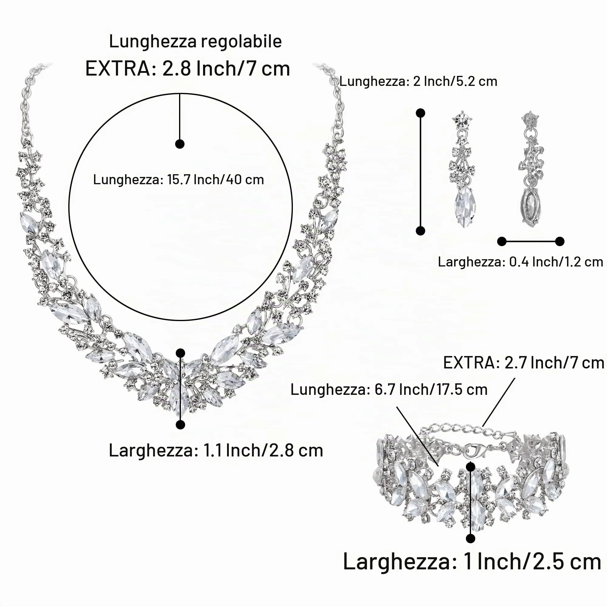 Clearine Set di Gioielli da Sposa con Cristalli Marquise, Collana, Orecchini e Bracciale in Lega di Acciaio Argento Trasparente - immagine 4