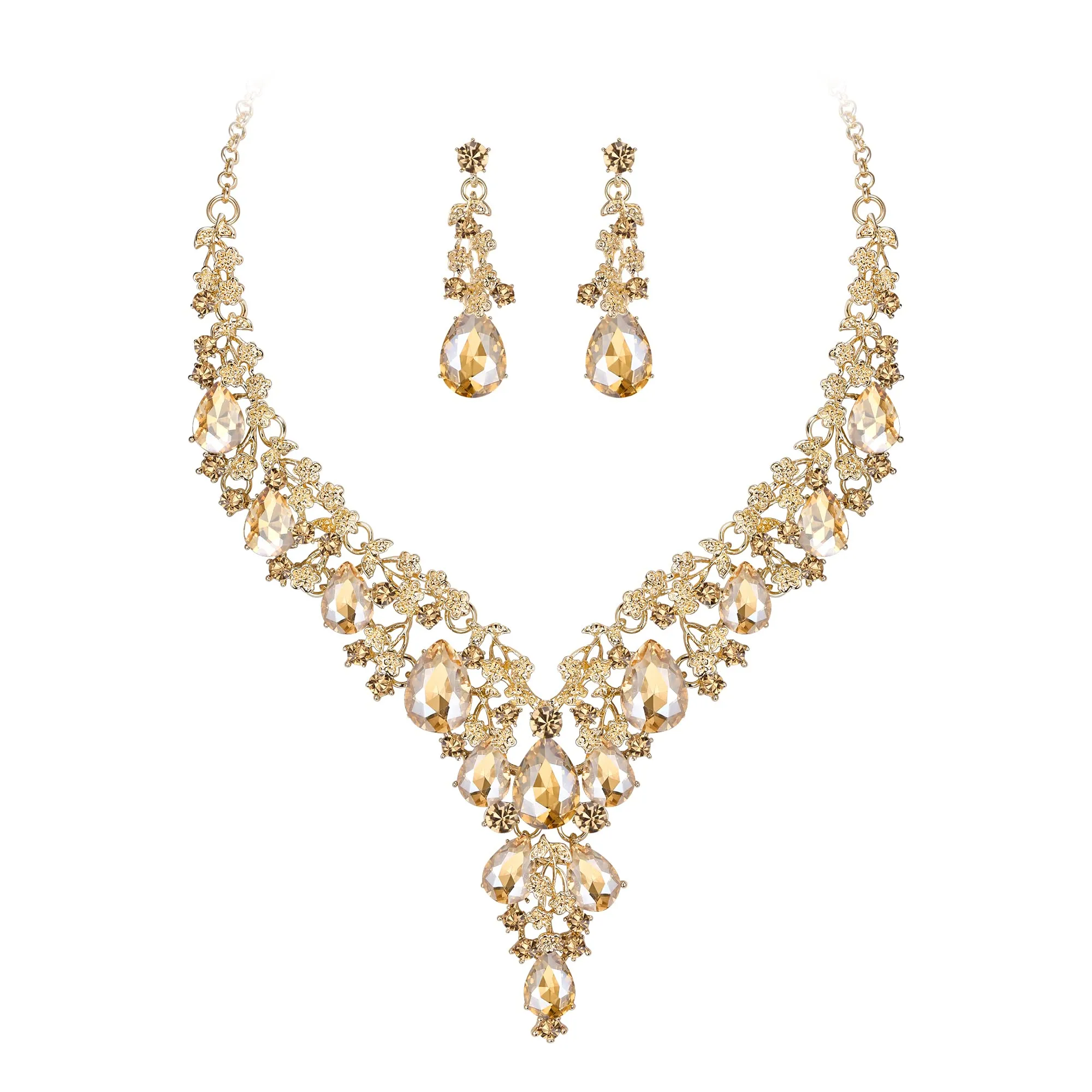 Clearine Matrimonio Sposa Jewellery Set Goccia Strass Cluster Statement Collana e Orecchini Pendenti, Champagne Oro-Fondo - immagine 1