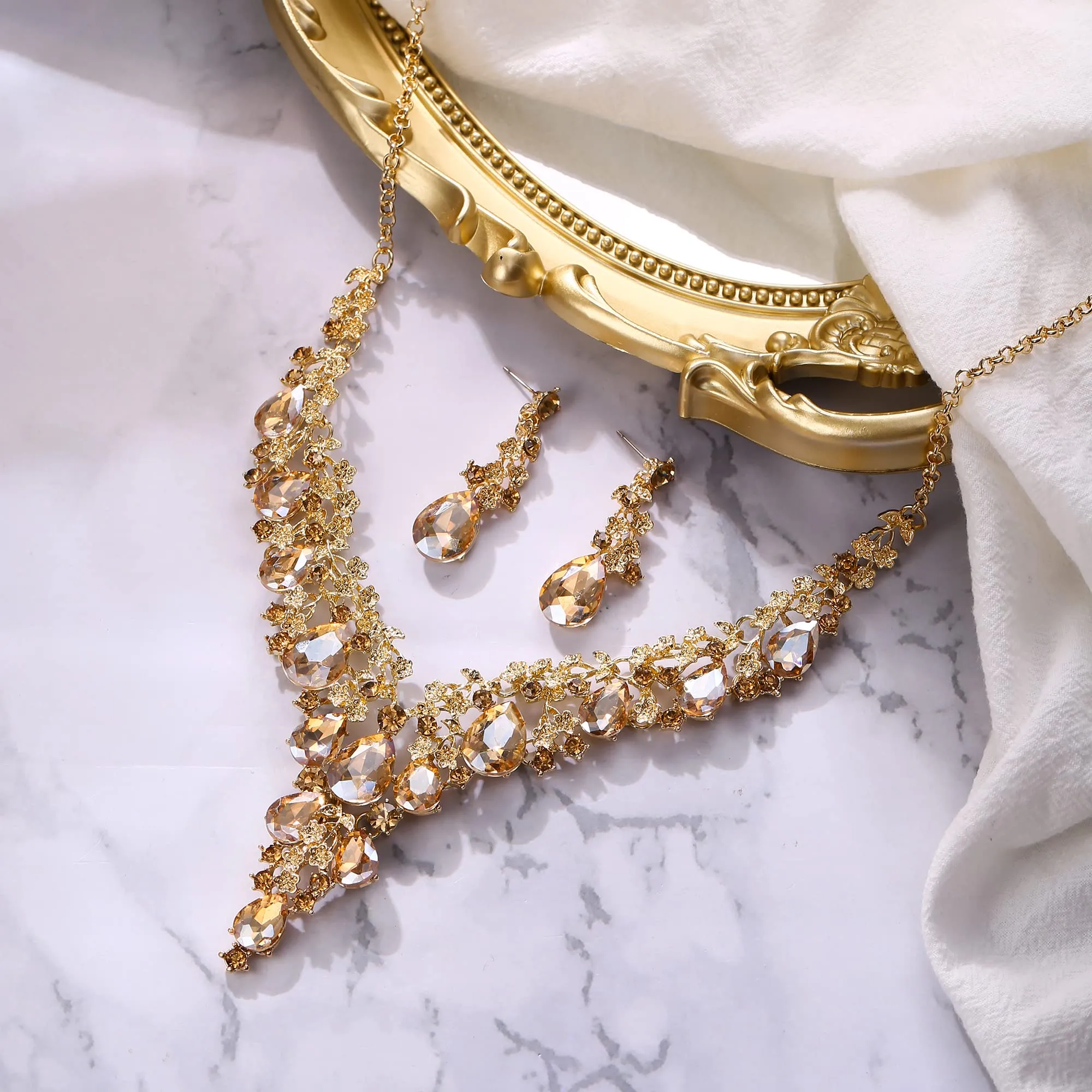 Clearine Matrimonio Sposa Jewellery Set Goccia Strass Cluster Statement Collana e Orecchini Pendenti, Champagne Oro-Fondo - immagine 3