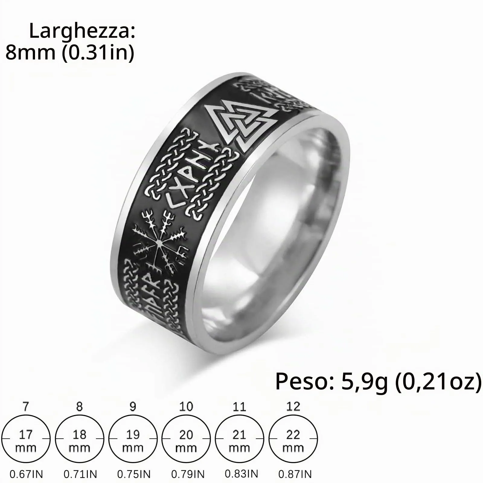 VASSAGO Anello Vichinghi Rune Norrene Mjolnir Vegvisir Bussola Triskele Valknut Elmo di Soggezione Nodo Celtico Triquetra, Misura 7-12 - immagine 6