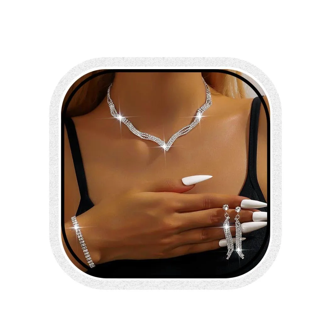 Fashband Set di gioielli da sposa in cristallo argento strass con collana e orecchini per donne - immagine 1
