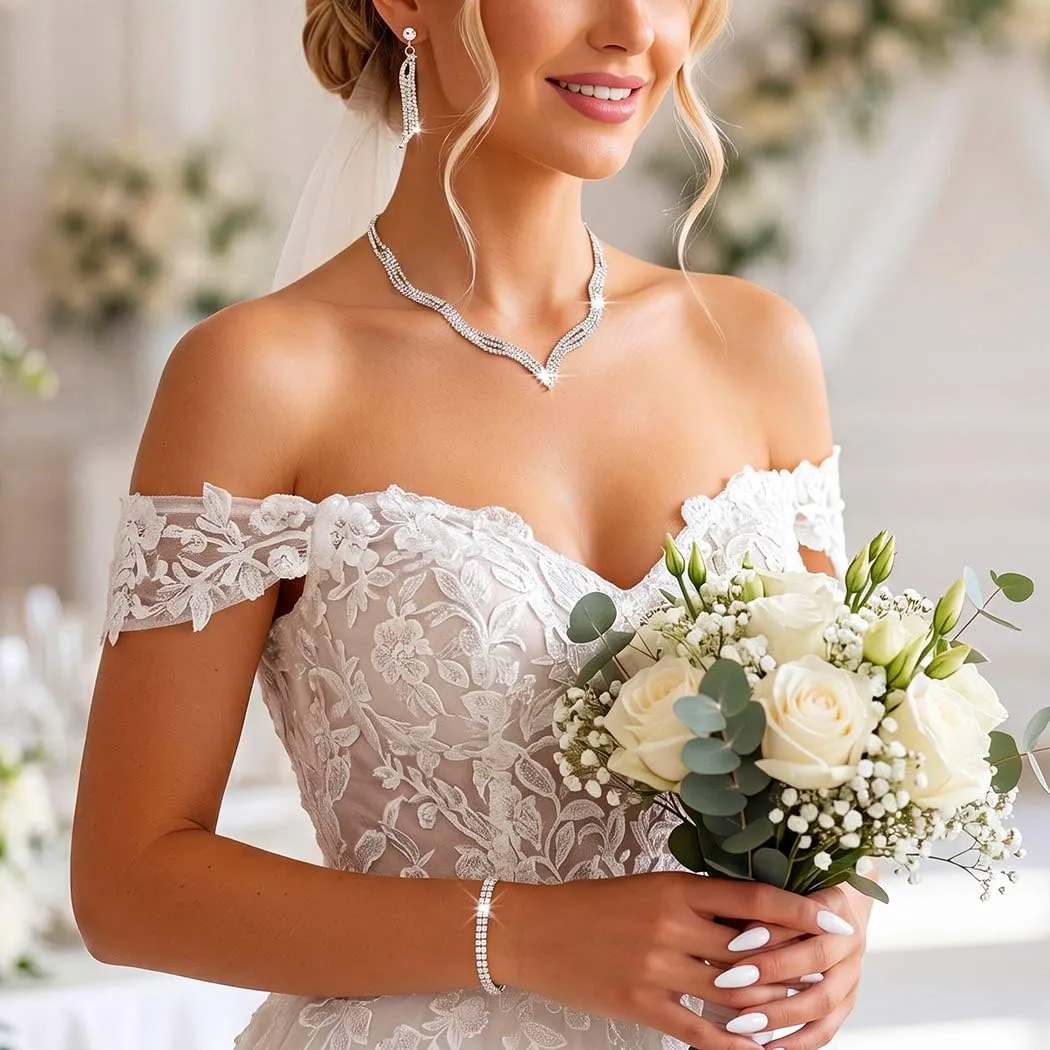 Fashband Set di gioielli da sposa in cristallo argento strass con collana e orecchini per donne - immagine 3