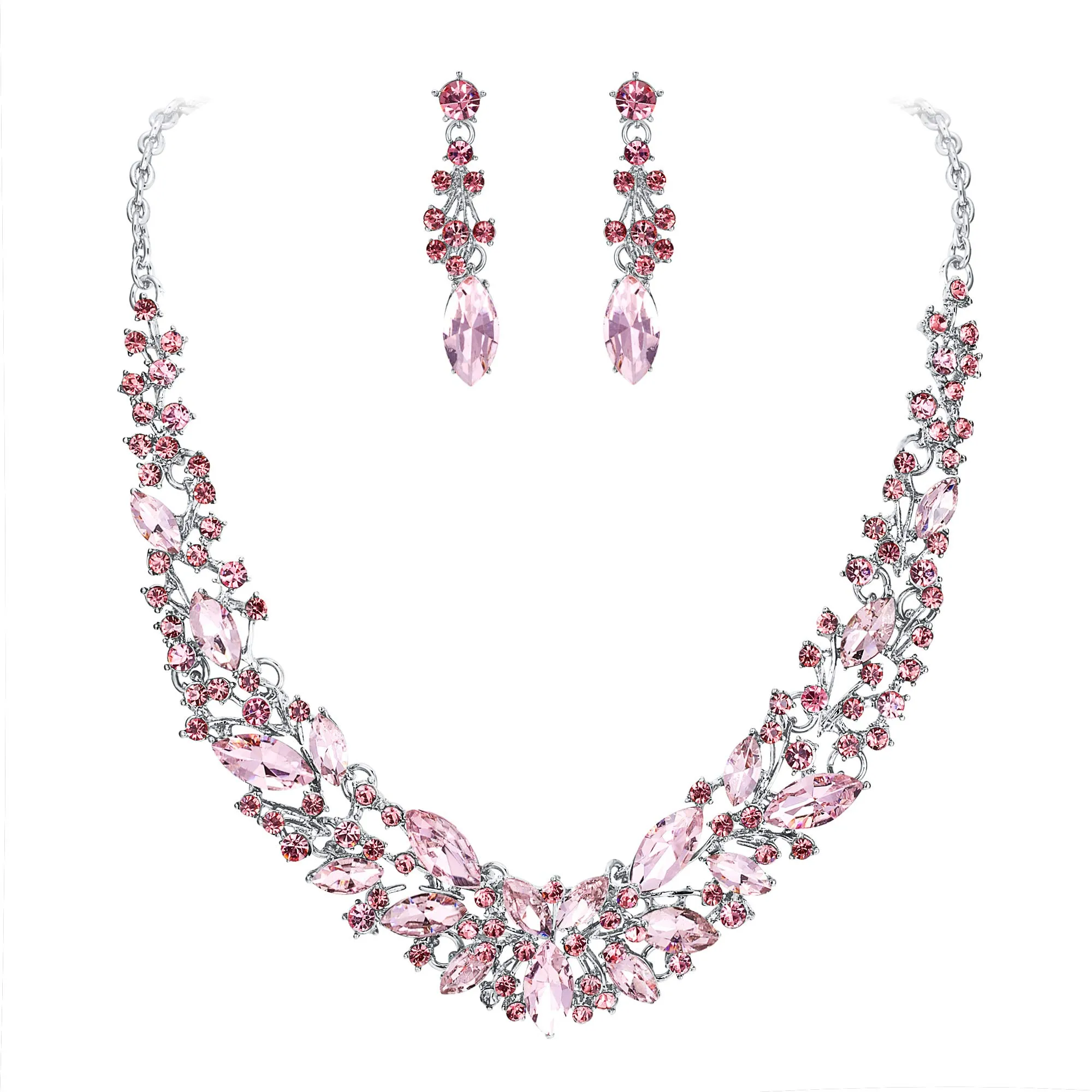 Clearine Set Collana e Orecchini per Sposa in Cristallo Austriaco Marquise Grappolo, Rosa Argento-fondo - immagine 1