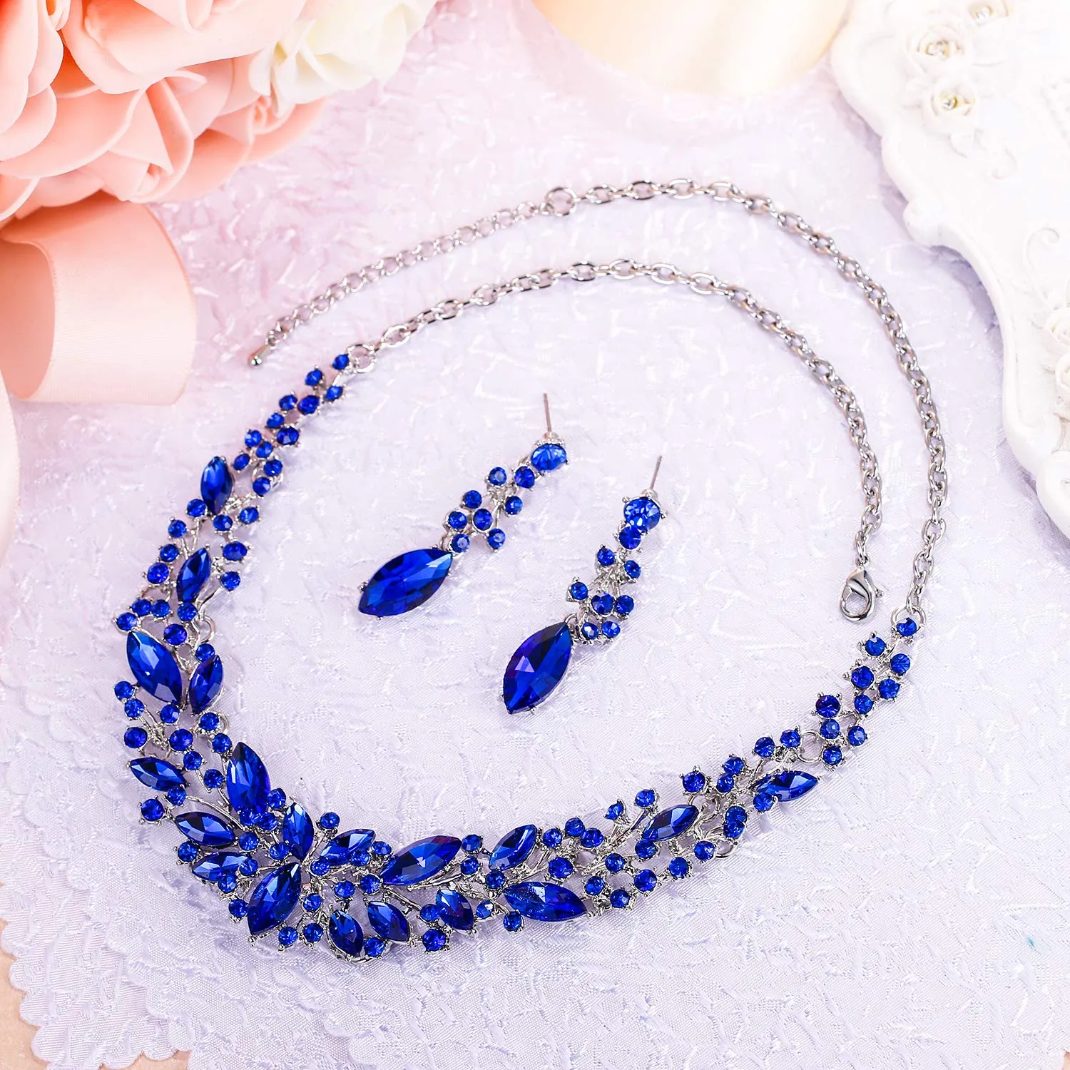Clearine Set Collana e Orecchini per Sposa in Cristallo Austriaco Marquise, Colore Blu Zaffiro e Argento - immagine 3