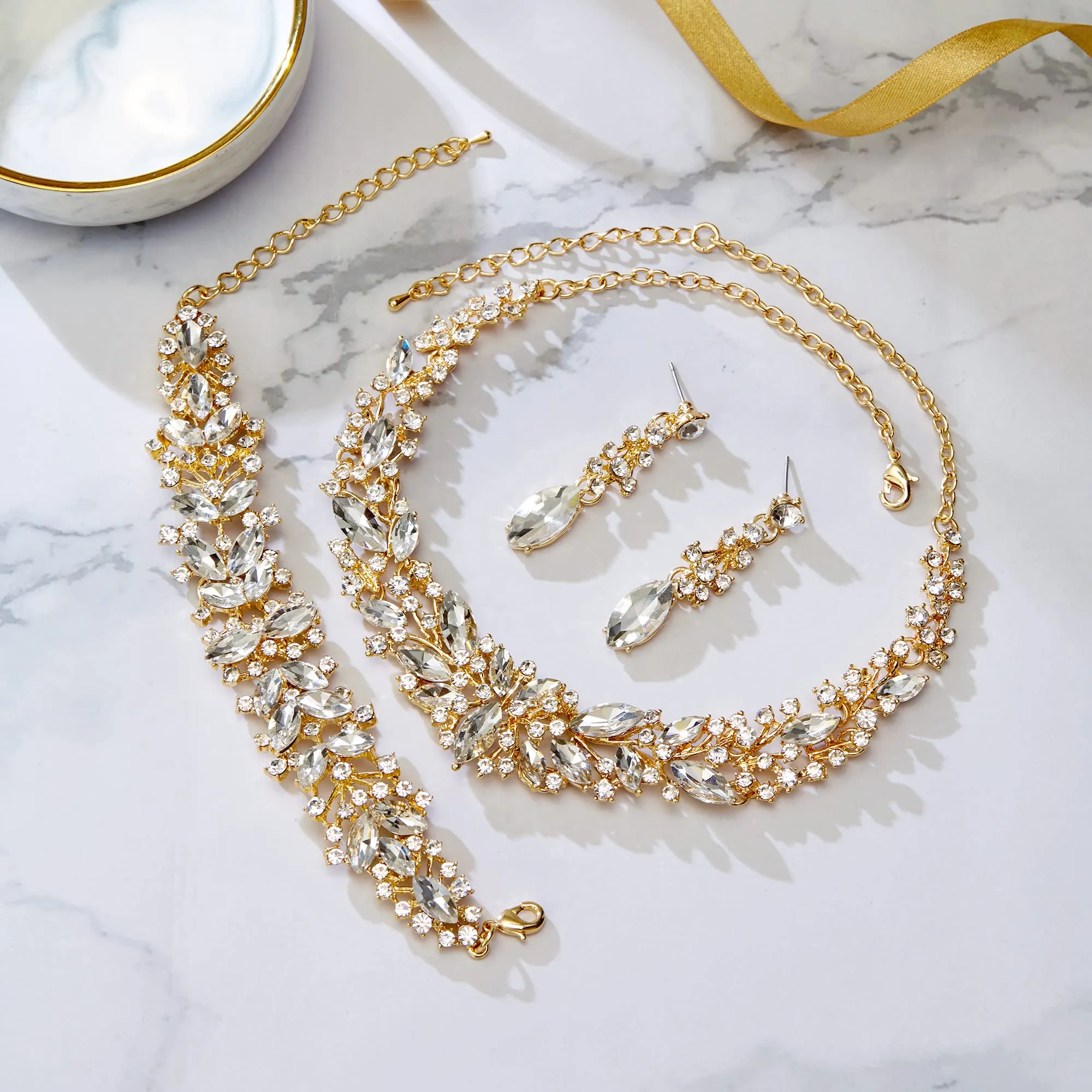 Clearine Set di gioielli da donna con cristalli austriaci taglio marquise, collana, bracciale e orecchini, lega di acciaio - immagine 3