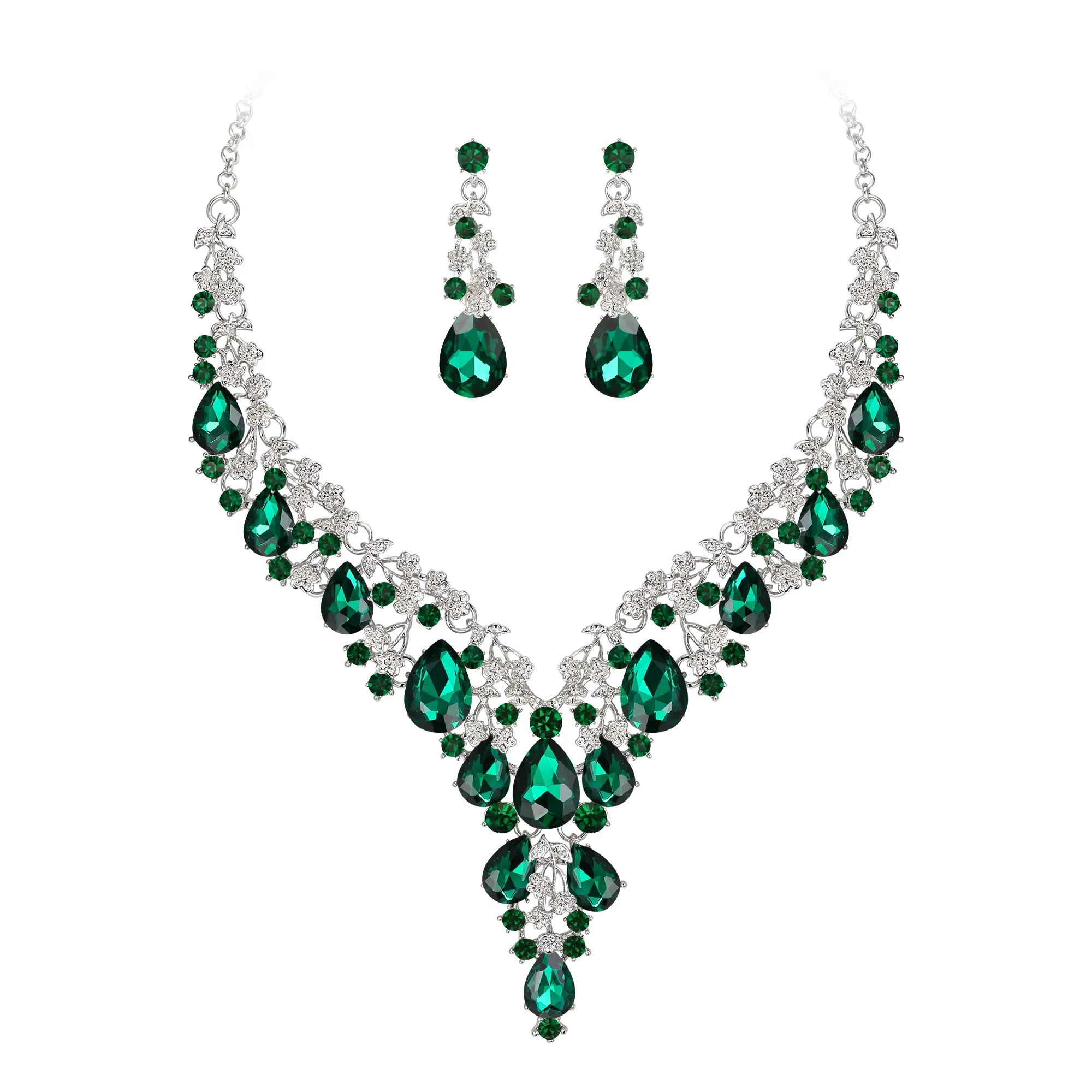 Clearine Sposa Jewellery Set Goccia Strass Cluster Collana e Orecchini Pendenti, Smeraldo Colore Argento-Fondo - immagine 1