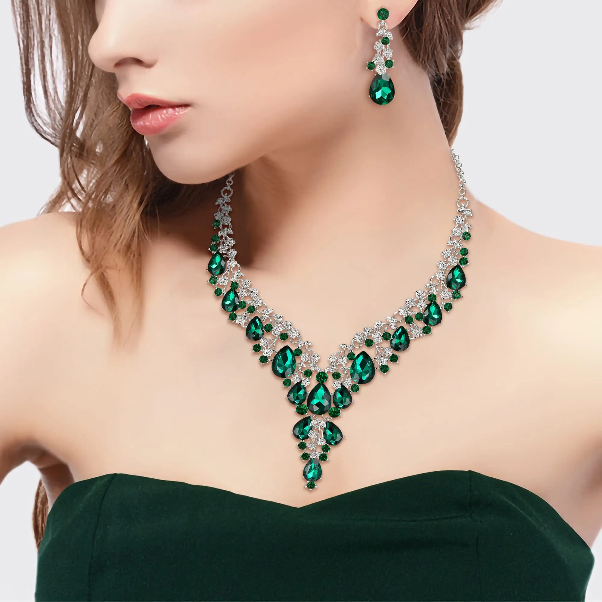 Clearine Sposa Jewellery Set Goccia Strass Cluster Collana e Orecchini Pendenti, Smeraldo Colore Argento-Fondo - immagine 2
