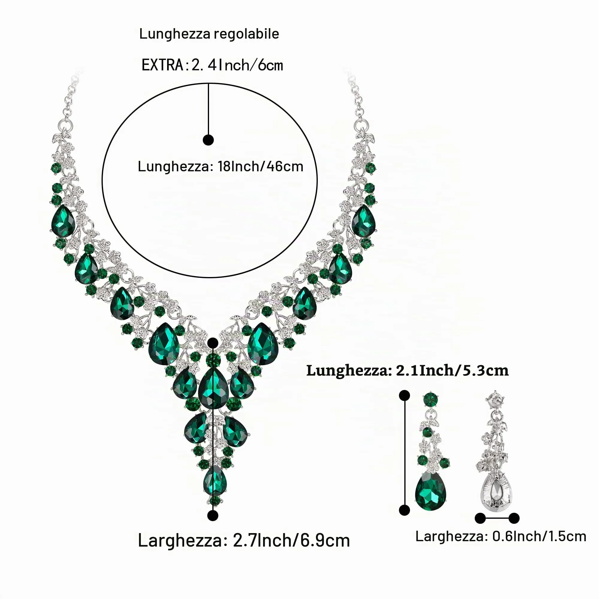 Clearine Sposa Jewellery Set Goccia Strass Cluster Collana e Orecchini Pendenti, Smeraldo Colore Argento-Fondo - immagine 4
