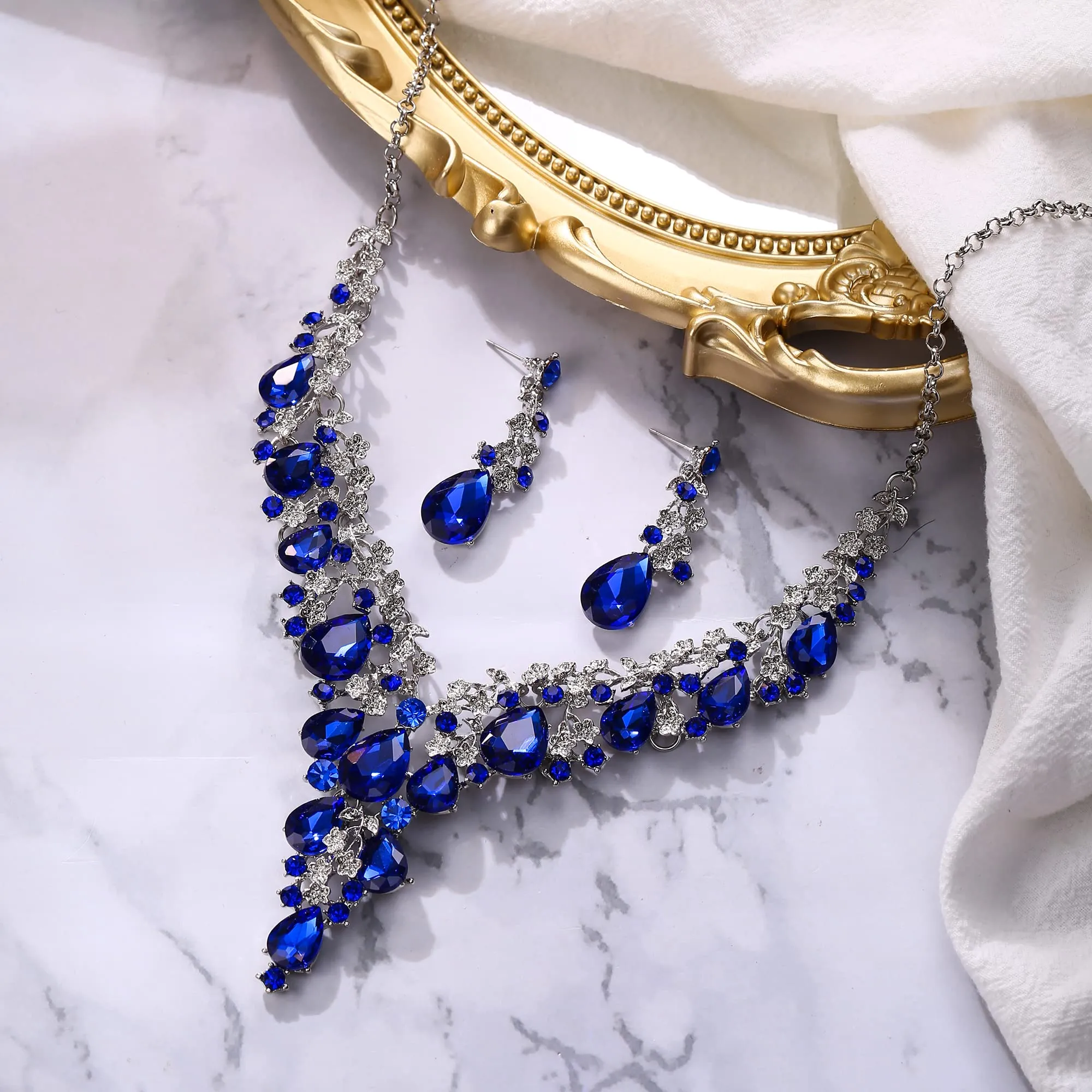 Clearine Sposa Jewellery Set Goccia Strass Cluster Collana e Orecchini Pendenti Navy Blu Argento-Fondo - immagine 3