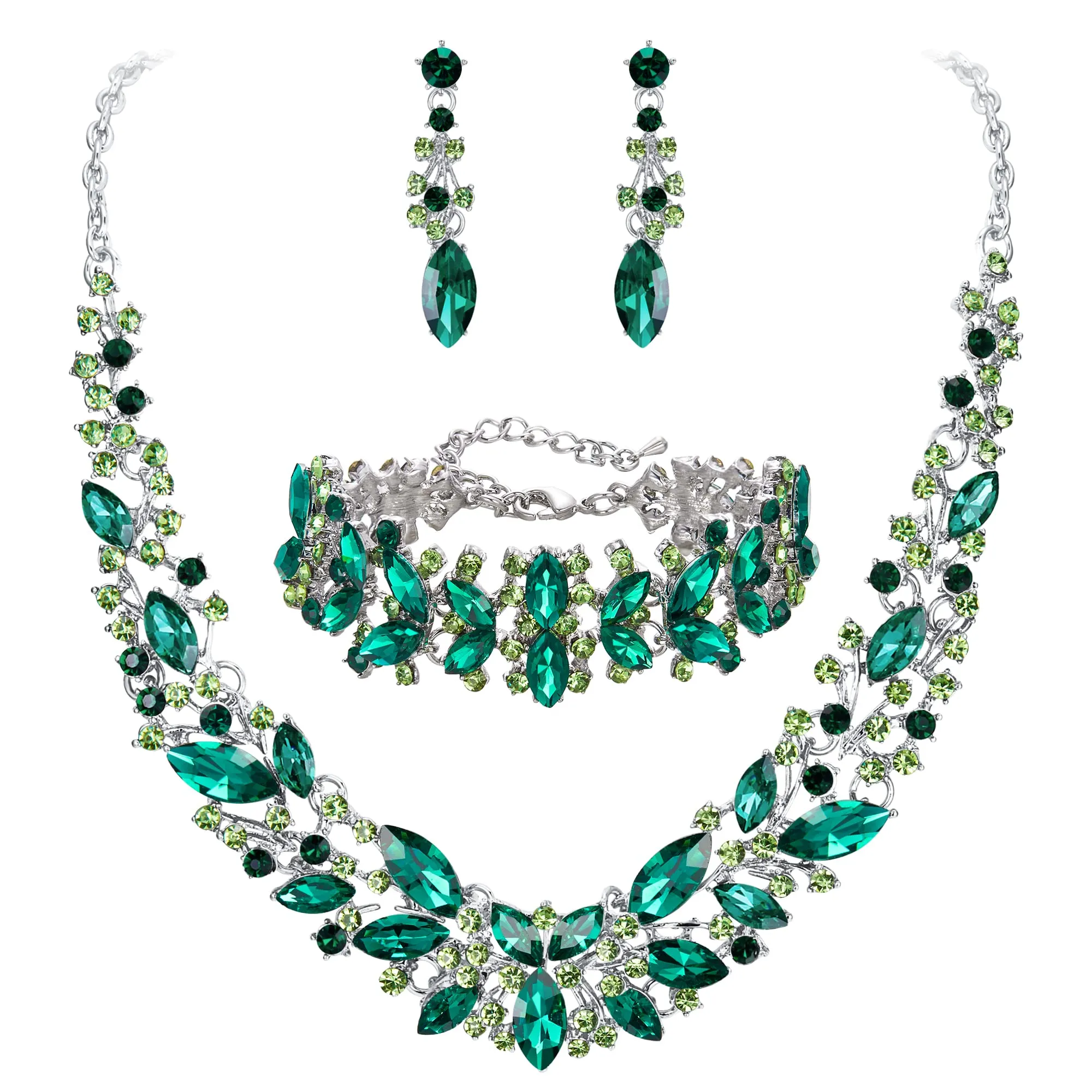 Clearine Set di Gioielli da Sposa con Cristalli Marquise, Collana, Orecchini e Bracciale in Lega di Acciaio e Argento Trasparente - immagine 1