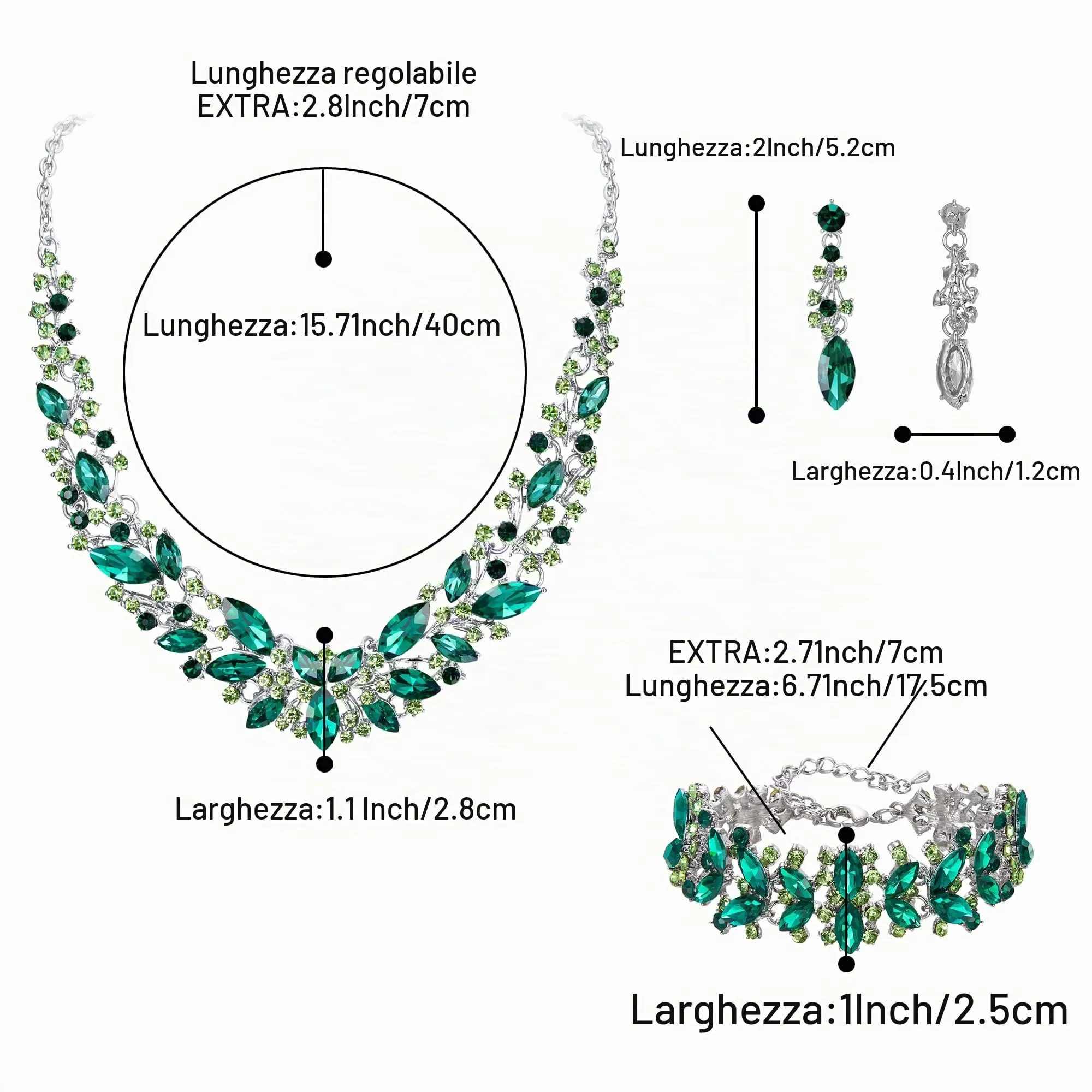 Clearine Set di Gioielli da Sposa con Cristalli Marquise, Collana, Orecchini e Bracciale in Lega di Acciaio e Argento Trasparente - immagine 4