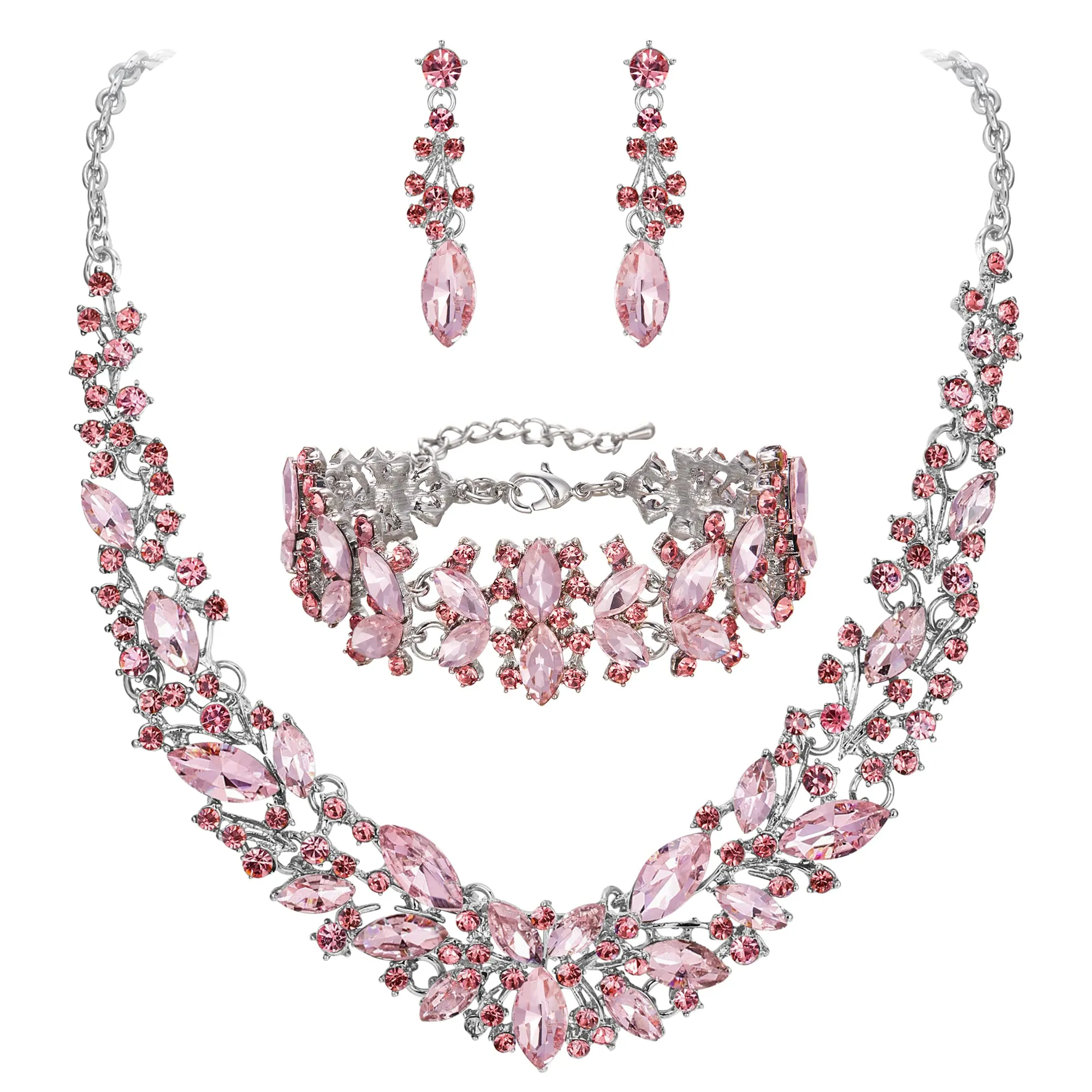 Clearine Set di gioielli da sposa con cristalli di marquise, collana, orecchini e bracciale in lega d'argento - immagine 1