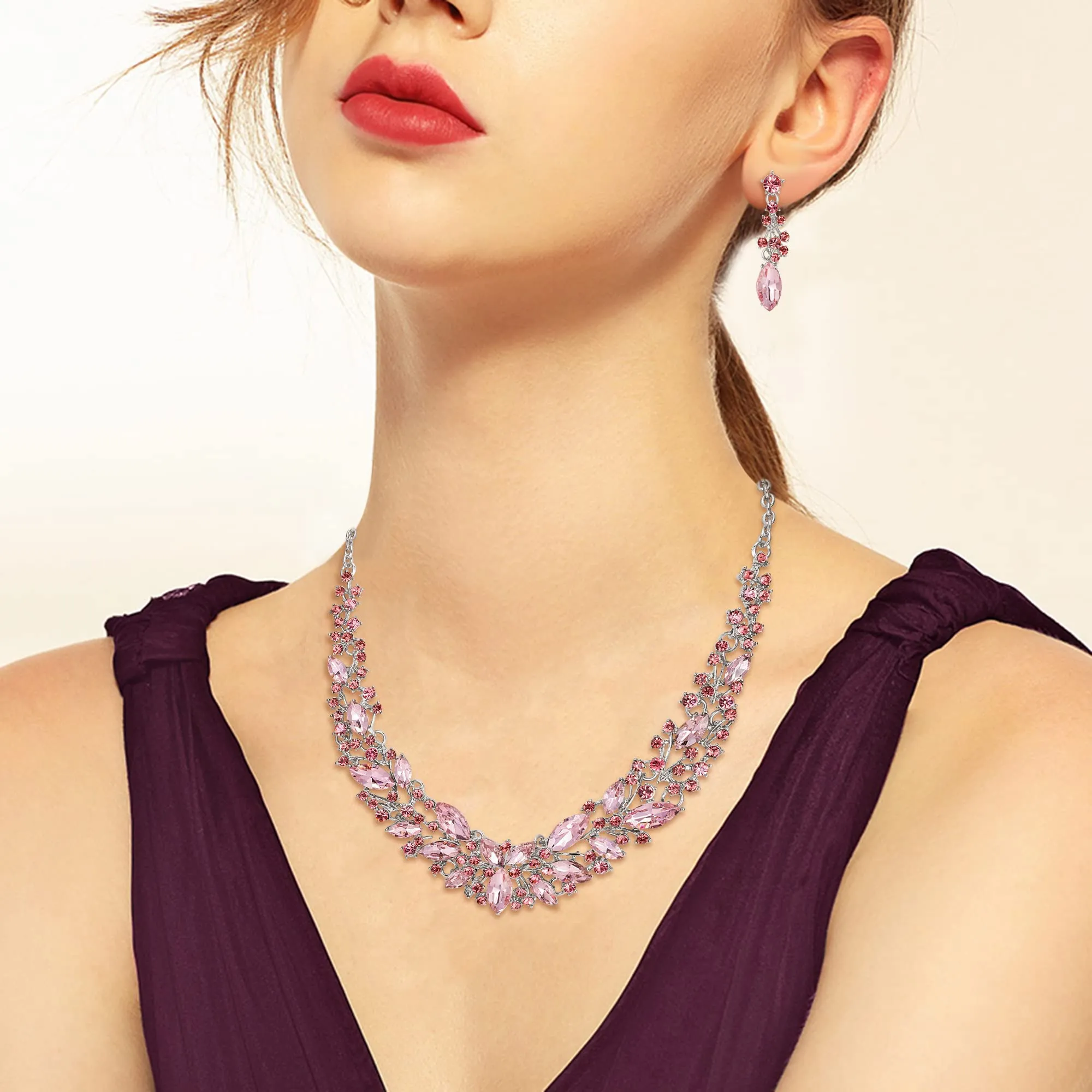 Clearine Set di gioielli da sposa con cristalli di marquise, collana, orecchini e bracciale in lega d'argento - immagine 2